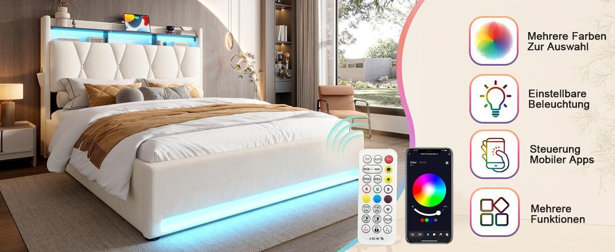 LVHOM Polsterbett 160x200cm mit LED&USB, Doppelbett mit versteckten Stauraum, Stauraumbett mit Lattenrost, Jugendbett mit Bettkasten, Samtstoff, Beige