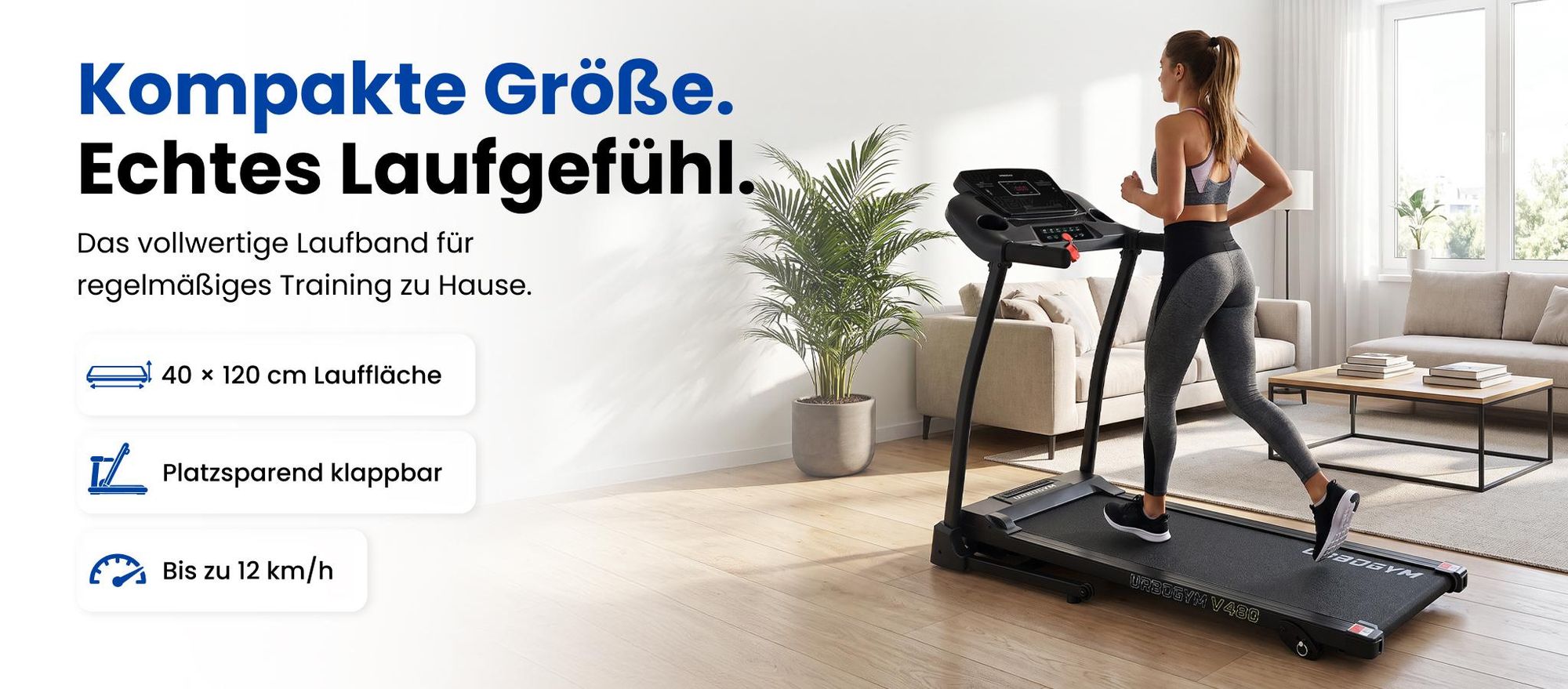 URBOGYM V480 elektrisches Laufband für Zuhause, 12 km/h, 120 kg, 40 × 120 cm Lauffläche, 12 Programme, Bluetooth, klappbar