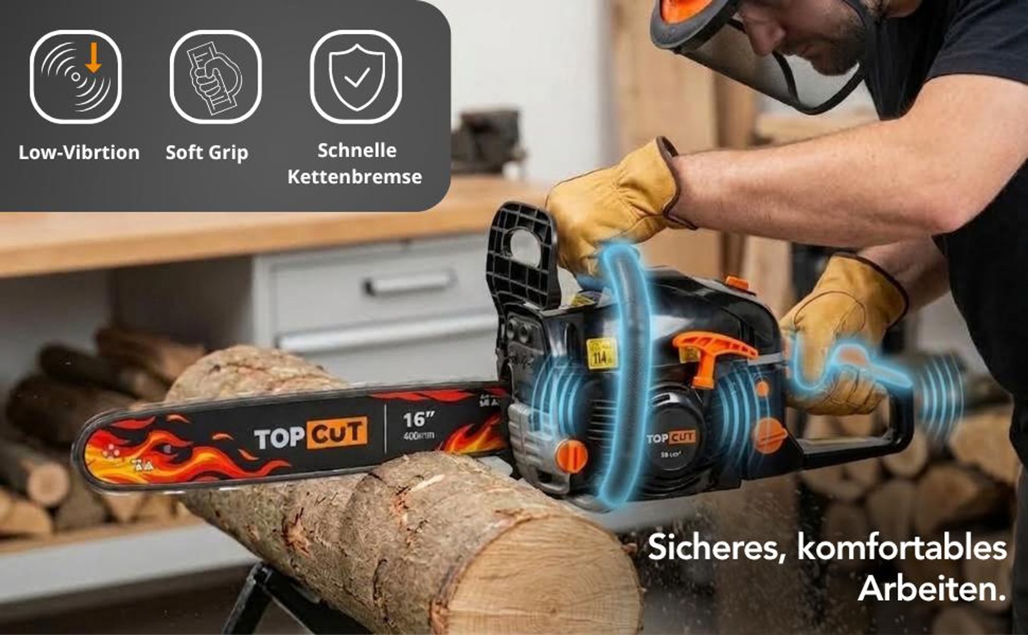 TOP CUT TC-CS58 Benzin Kettensäge Motorsäge 5,7 PS | 58 ccm | 2 Schwerter 40 & 50 cm | 2 Ketten | Easy Start Seilzug | XXXL Zubehör Set