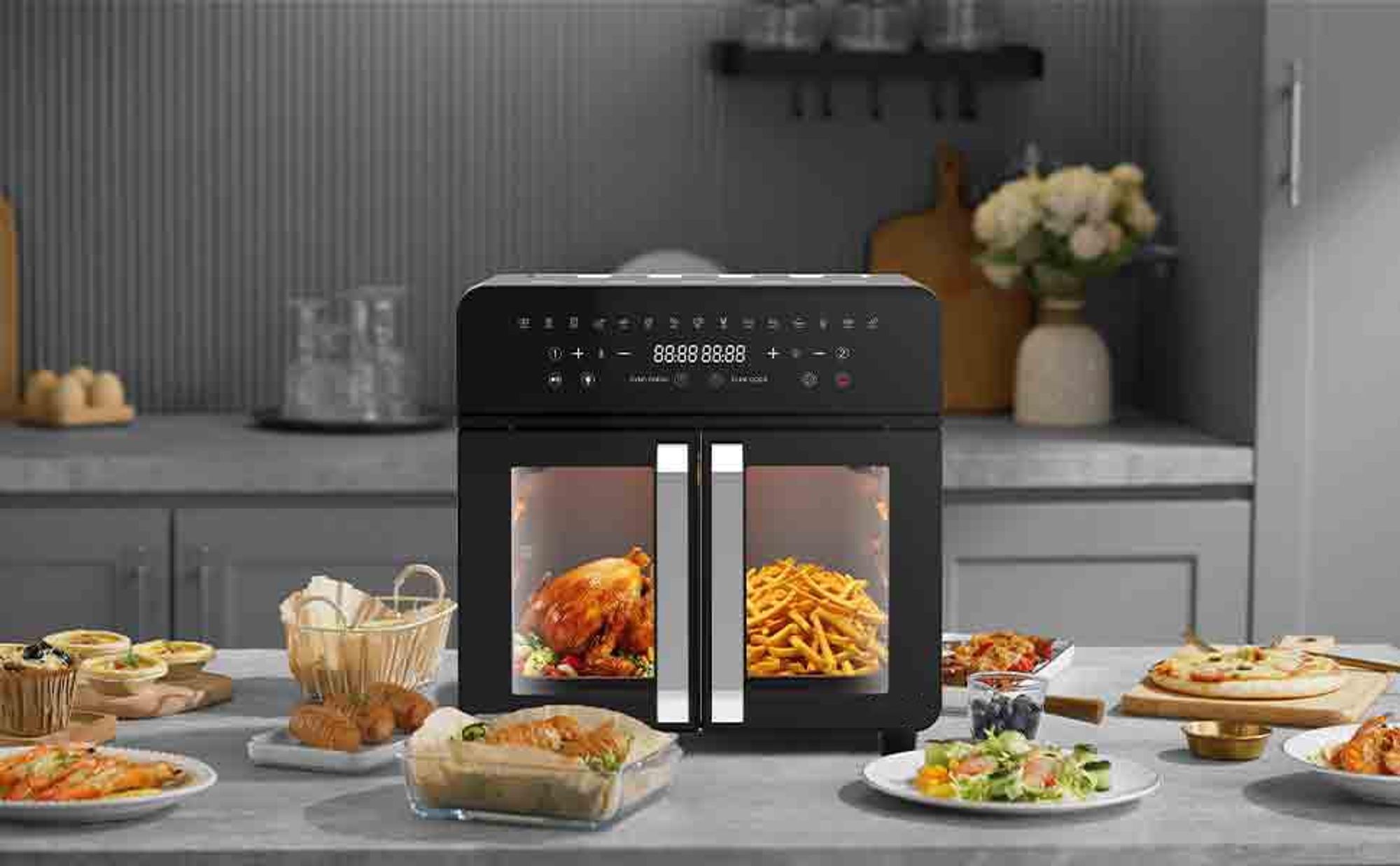 23L Friggitrice ad aria calda Mini Forno Friggitrice, Enfisismo Doppia Zona XXL Friggitrice ad aria calda con LED Touch Screen 15 Programmi