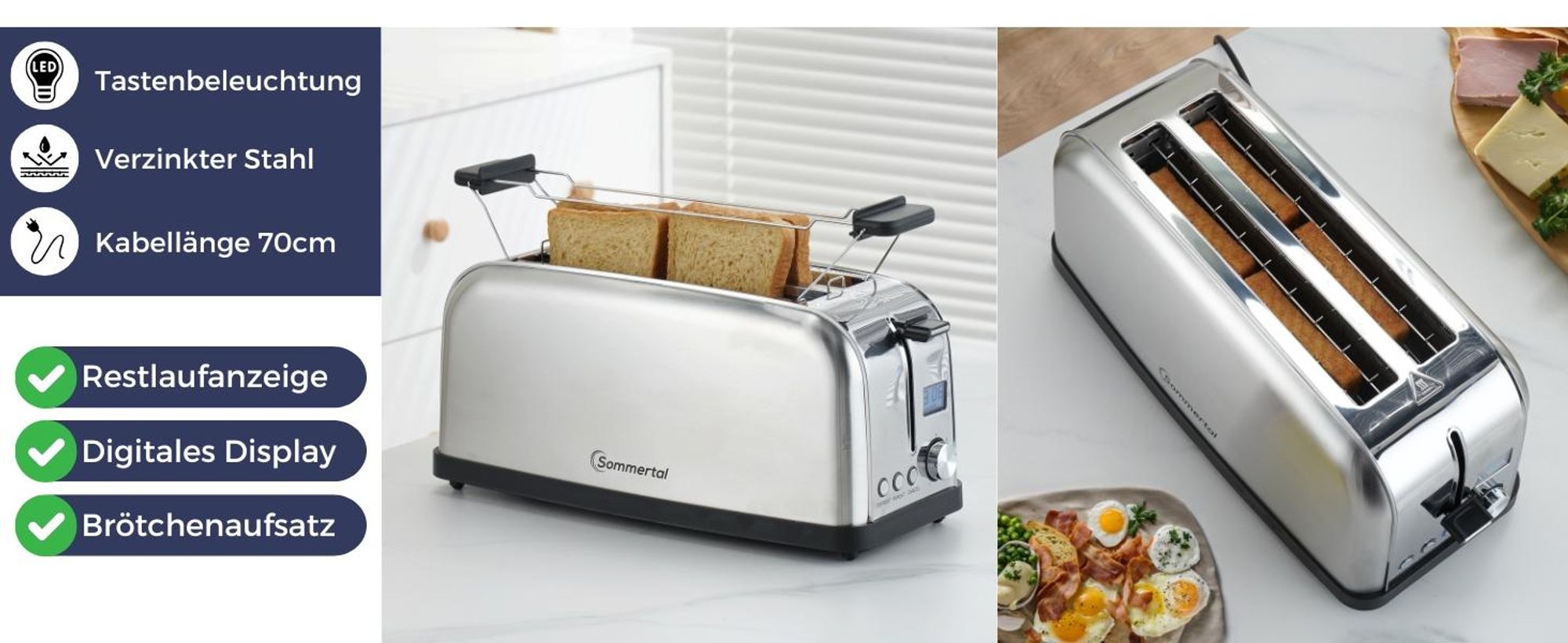 Sommertal Toaster ST1500 XXL, 4 Scheiben mit Brötchenaufsatz, Display mit Timer und Restlaufanzeige, Langschlitztoaster Restlaufzeit, Retro Design Langschlitz Edelstahl 1500W