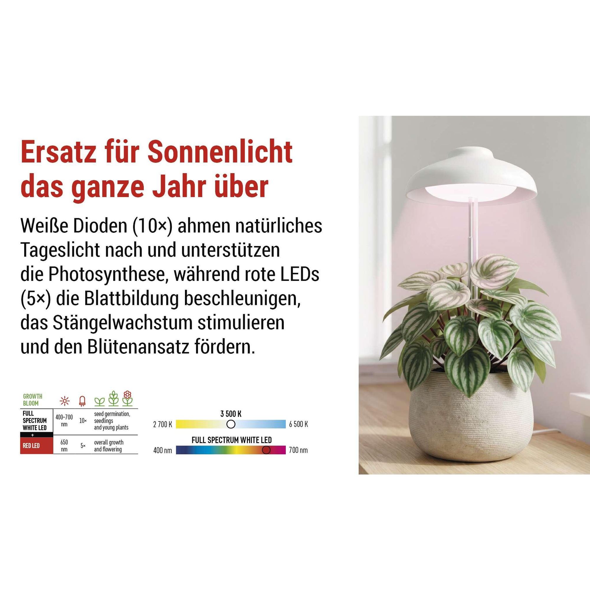 EMOS LED-Grow-Lampe für Zimmerpflanzen und Sukkulenten, Wachstumslampe in Schirm-Design mit Timer, höhenverstellbar, 235lm, 1,5m USB-Kabel, Z7901