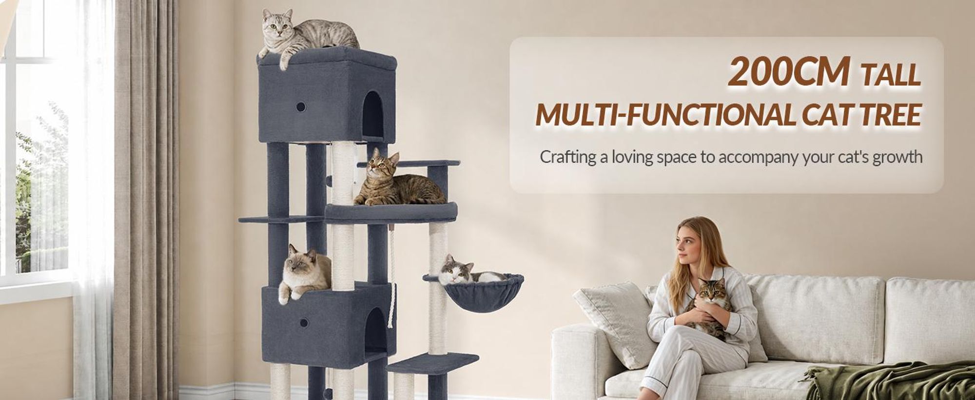 Fobyfurny Kratzbaum, 200 cm XXL Katzenbaum, Dunkelgrau, mit 3 Große Höhlen | Mehrere Plattformen, 7 Sisalstämme, Kratzbrett, Körbe, Pompons
