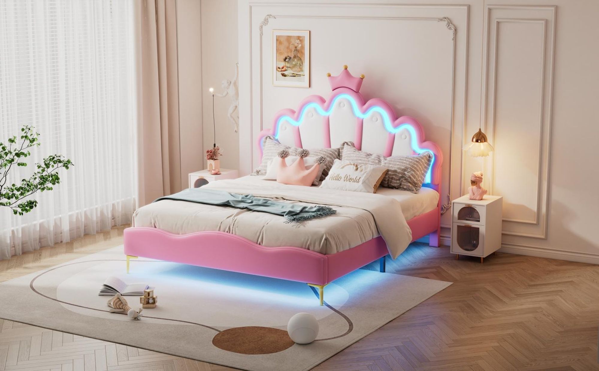 INONEFT Kinderbett Polsterbett 140x200 cm, Mädchenbett Prinzessinnenbett mit LED, Höhenverstellbares Kopfteil, Jugendbett Kronen-Design, PolyurethanRosa