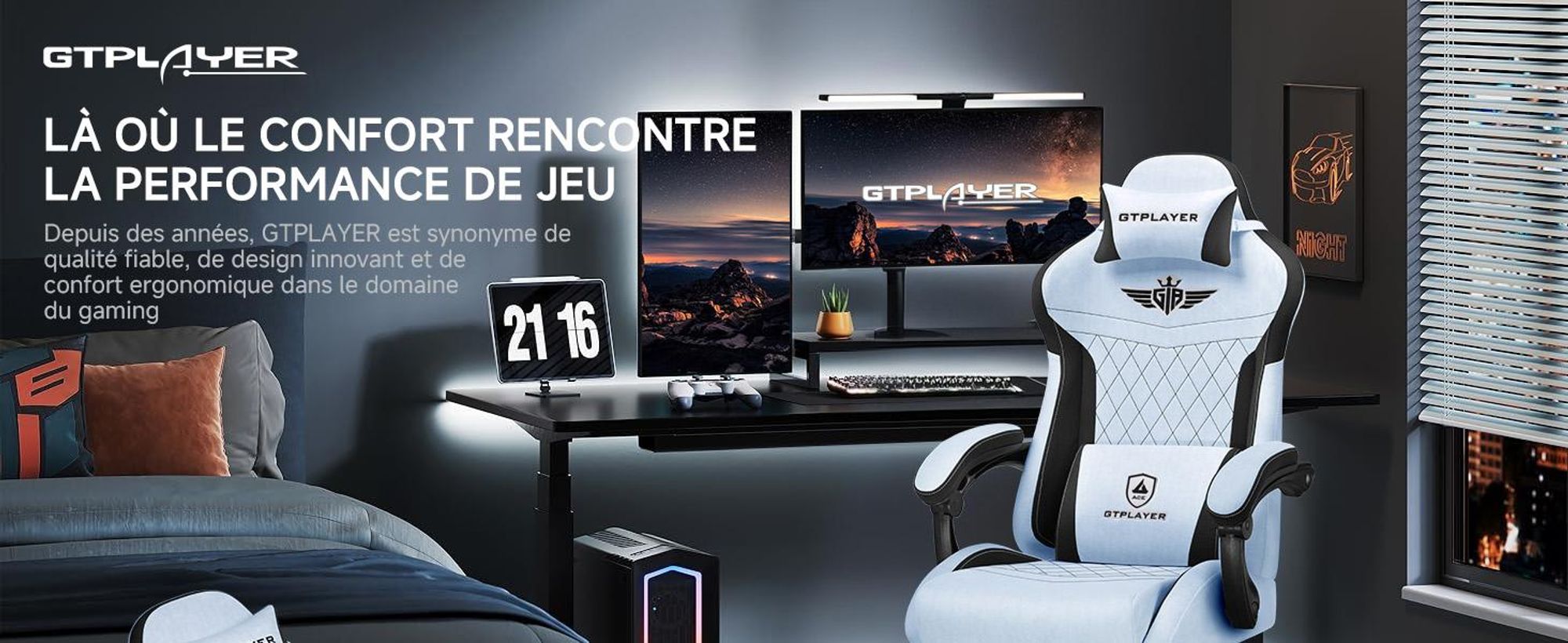 Chaise de jeu GTPLAYER, Chaise de jeu ergonomique en flanelle de haute qualité avec soutien lombaire, Chaise PC avec dossier élargi, 150 KG