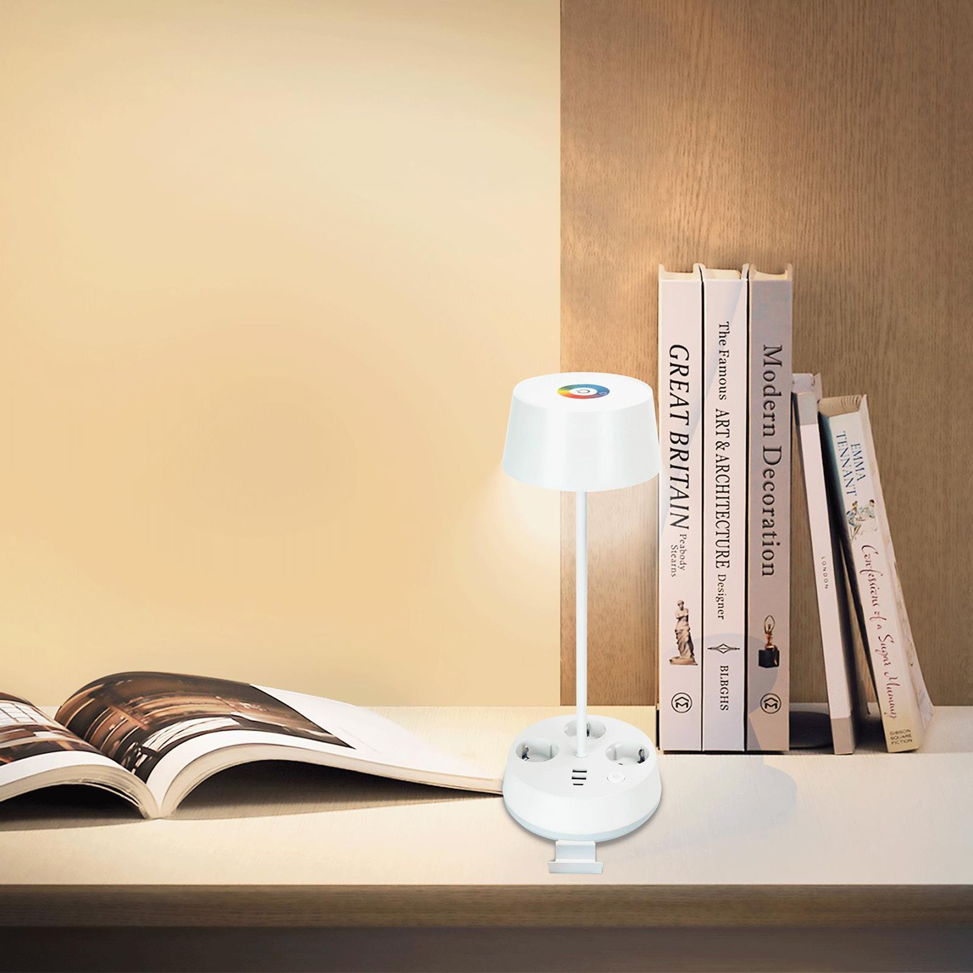 Aigostar Schreibtischlampe mit Stecker und Steckdosen, USB- und Typ-C-Ausgang, Touch-Tischlampe, 3 Farbtemperaturen + RGB, Weiß