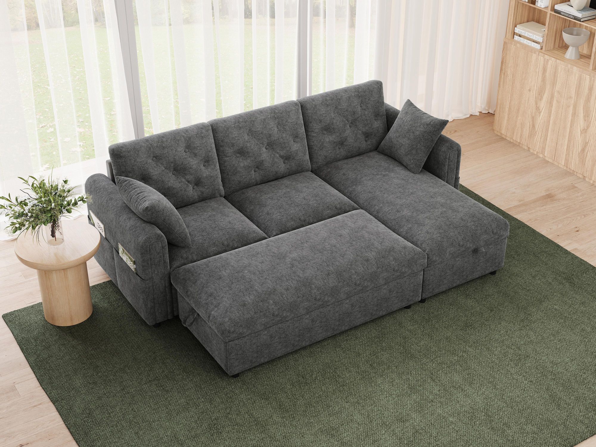 Merax 3 Sitzer Ecksofa Mit Stauraum, Sofa Mit Chaise Longue Und Hocker, Couch Mit Magazintaschen, Wechselbare Ottomane, Samt Soffa, Grau