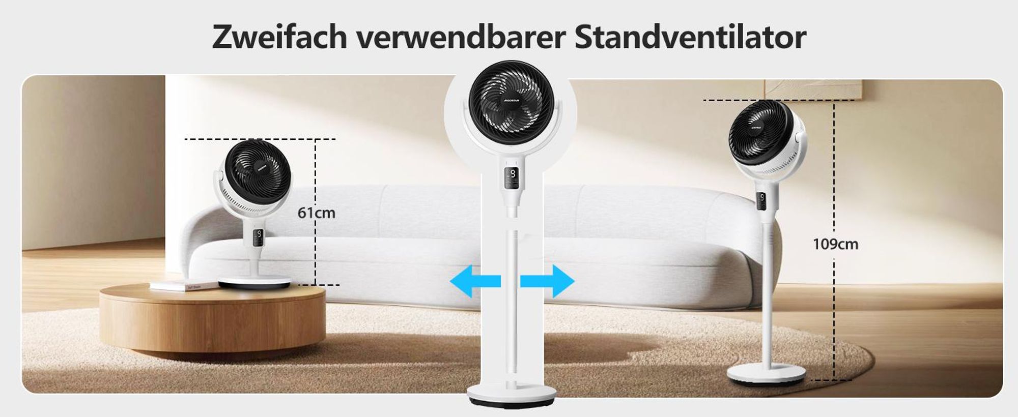 Aigostar 23dB Leiser Standventilator, 135° Oszillierend, Fernbedienung, 9 Stufen, 9H Timer, Aroma+Filter, Höhenverstellbar, Weiß