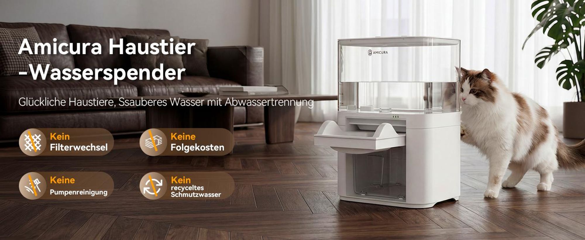 Kabelloser 5-in-1-Wasserbrunnen für Katzen, AMICURA A10, 180 Tage Laufzeit, 10.000 mAh, 2 l großes Fassungsvermögen