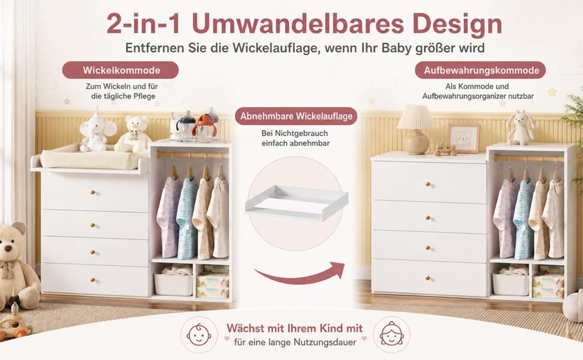 Wickelkommode mit Wickeltisch, Baby Wickeltisch mit Schubladen und Kleiderstange, Multifunktionale Kinderzimmer Kommode, 150 x 112 x 38 cm