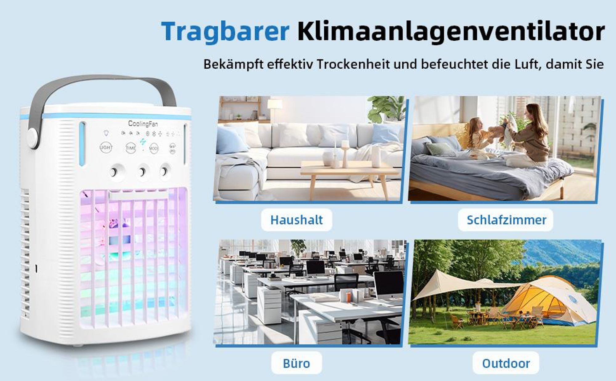 Standventilatoren, Luftkühler mit Wasserkühlung, Ventilator, Nebelventilator mit 1000ml Wassetank, 3Einstellstufen, 7 Farben Nachtlicht