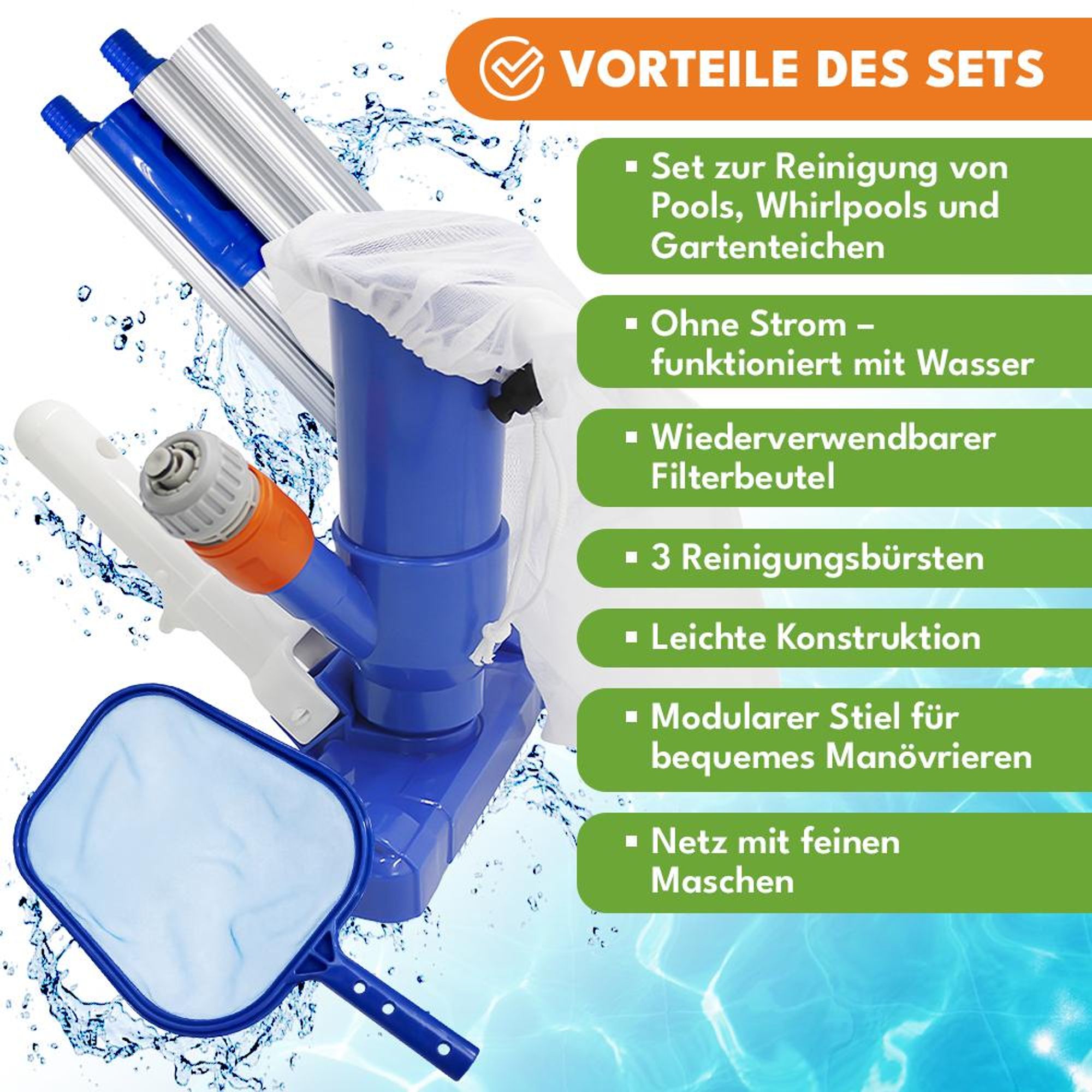 KRUMAD Poolsauger 3-in-1 mit Filterbeutel und 3 Bürsten, ohne Strom, Hand-Poolreiniger für Pool, Teich, Whirlpool, kompatibel mit Teleskopstange