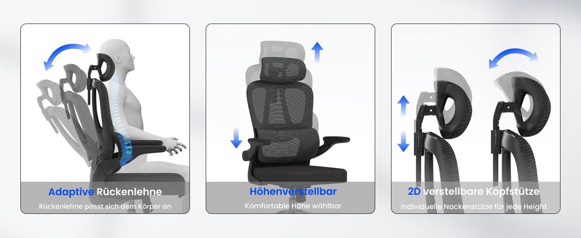 FLEXISPOT Ergonomischer Bürostuhl, 2D-Kopfstütze, Adaptive Lendenstütze, verstellbare Rückenlehne, Atmungsaktiver Netzstoff, höhenverstellbar, Schwarz