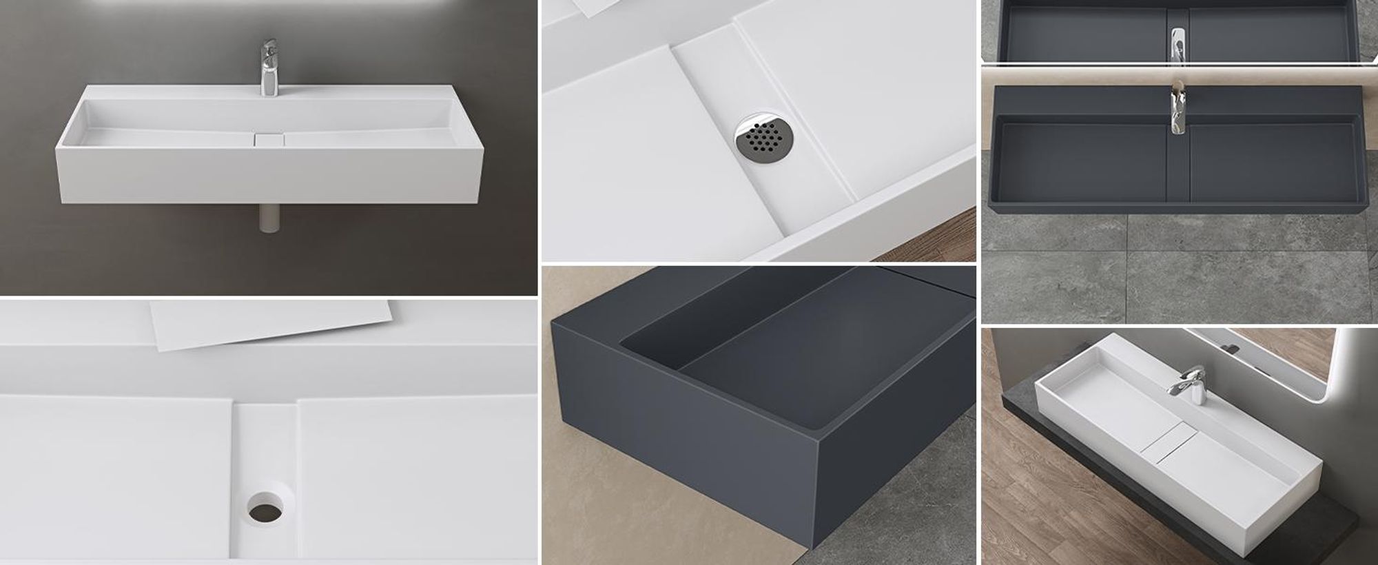 ddoporro Lavabo da Bagno Rettangolare 120 cm in Resina Minerale Antracite Opaco, Lavandino Sospeso / da Appoggio con Foro Rubinetto - Col6028