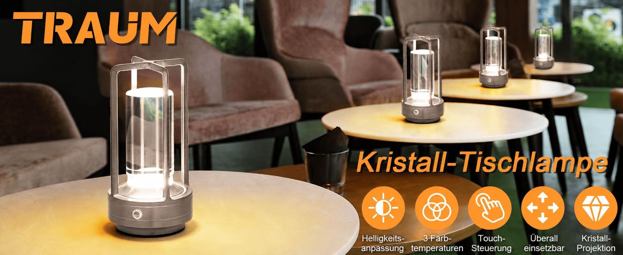 Tragbare Innen-/Außentischlampe aus Metall, kabellose wiederaufladbare LED-Lampe, 3 Farben stufenlos dimmbar, Beleuchtung für Restaurant/Schlafzimmer