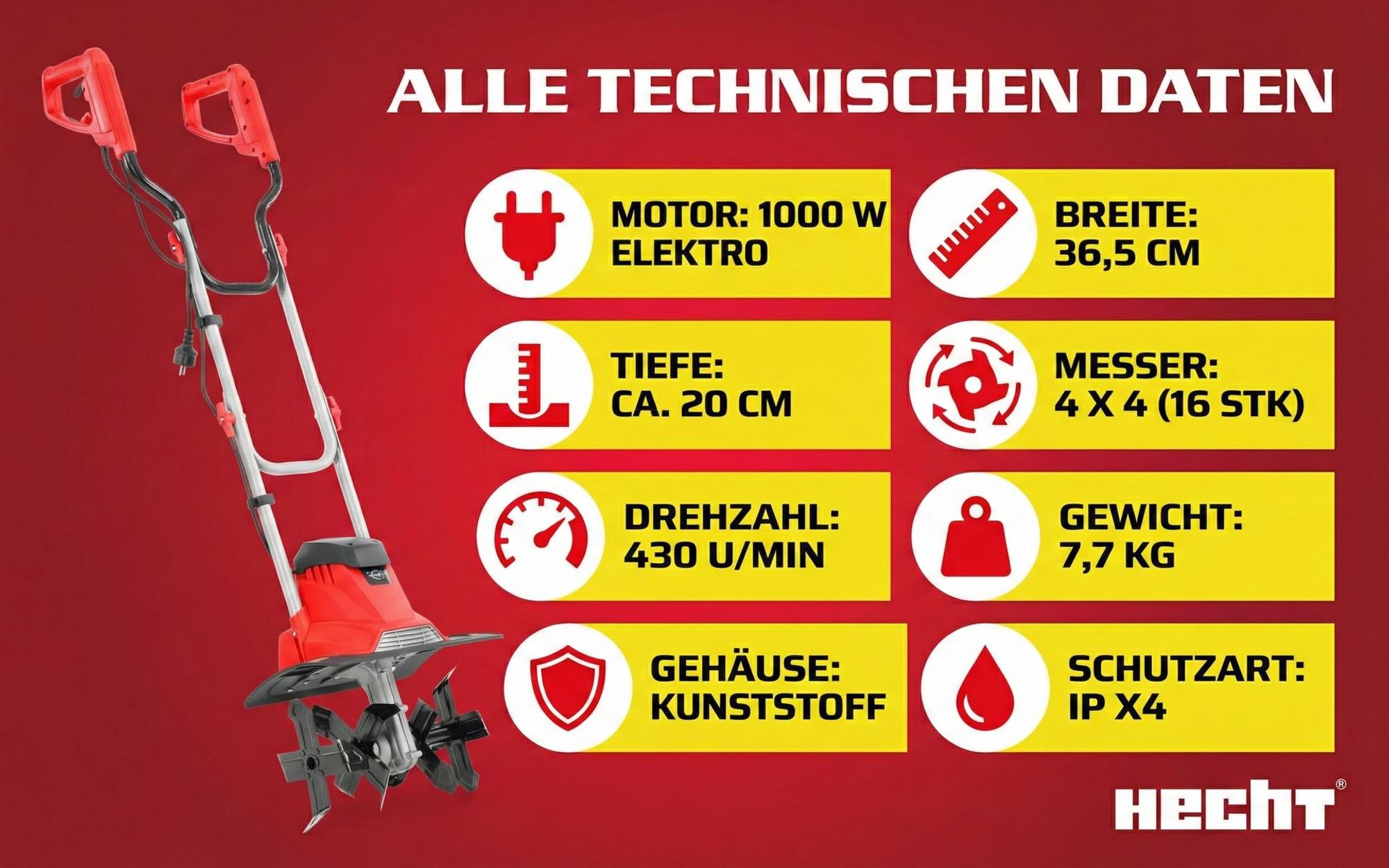 HECHT 738 Motorhacke Elektro | 36,5 cm Arbeitsbreite | 20 cm Arbeitstiefe | 1000W | 16 Messer | 430 U/min