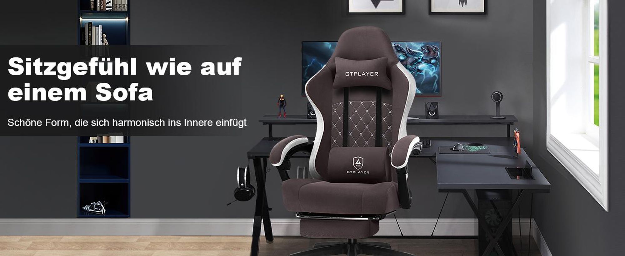 Krzesło do gier PLAYER Ergonomiczny fotel do gier Krzesło do biurka Krzesło wyścigowe dla graczy PC z materiałową powierzchnią, poduszką z pierza, łączonymi podłokietnikami
