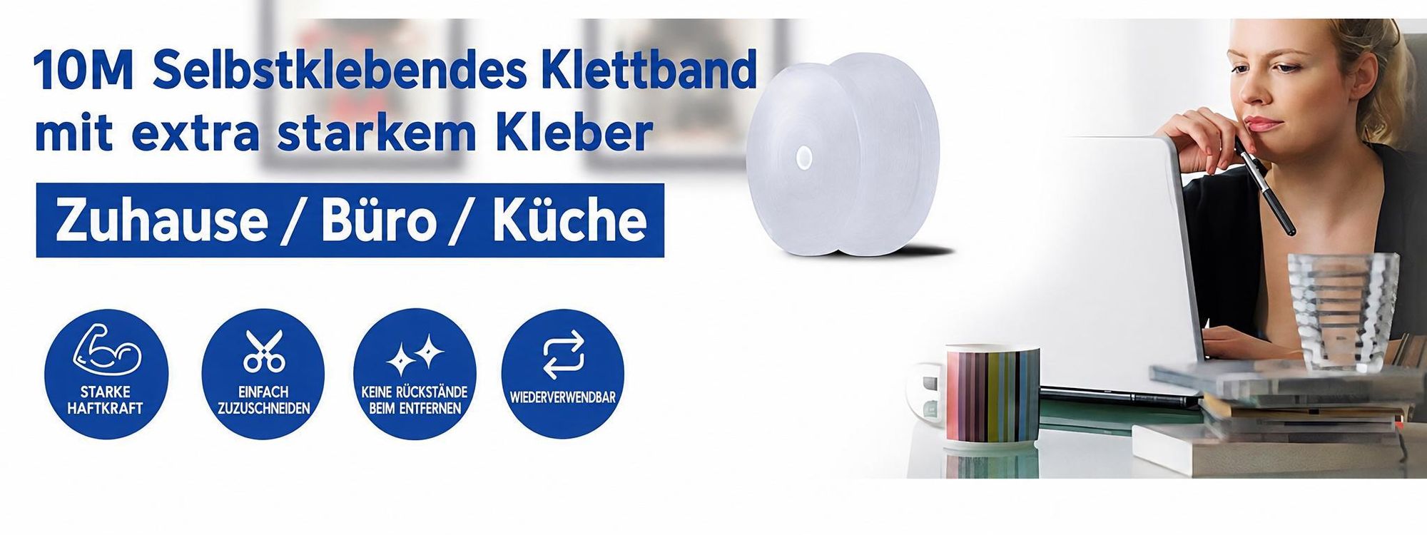 Klettband selbstklebend extra stark - 10 Meter lang, 2cm breit - für Fliegengitter, Klett-Hakenband, Flauschband, Klettverschluss Band, Weiß