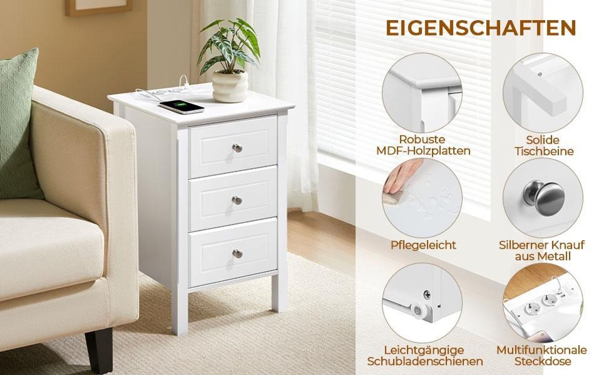 Yaheetech 2er Set Nachttisch mit Steckdose & USB, 3 Schubladen Beistelltisch mit 2 AC- und 2 USB-Anschlüssen, Weiß