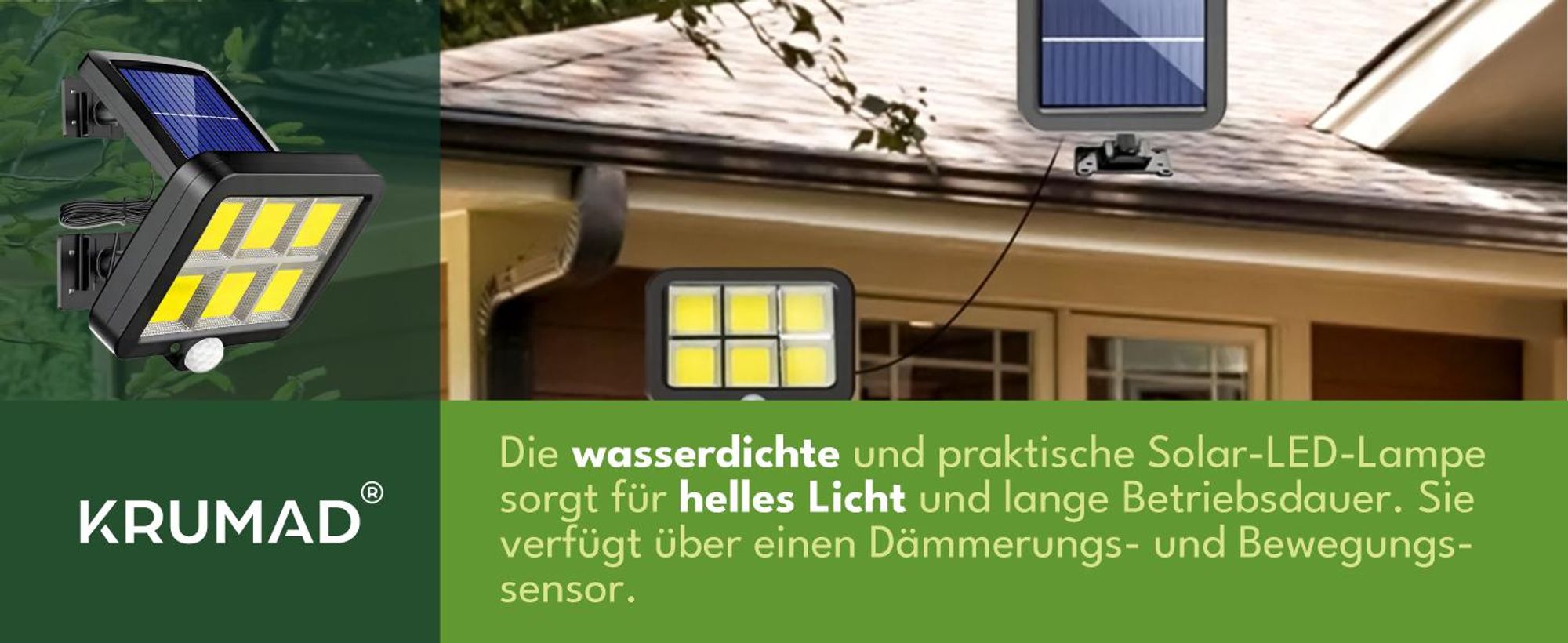 KRUMAD Solarleuchte Außen 120 COB 400 lm mit Bewegungsmelder & Dämmerungssensor, 3 Modi, IP65, Fernbedienung, Solarpanel mit 5 m Kabel
