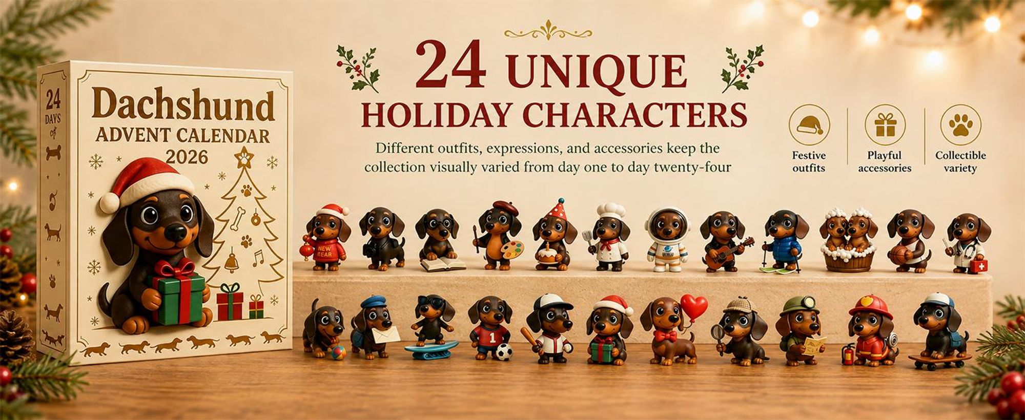 3D Dackel Adventskalender 2026 – 24 Figuren zum Sammeln, Weihnachtsbaumschmuck & Tischdeko für Dackel-Fans
