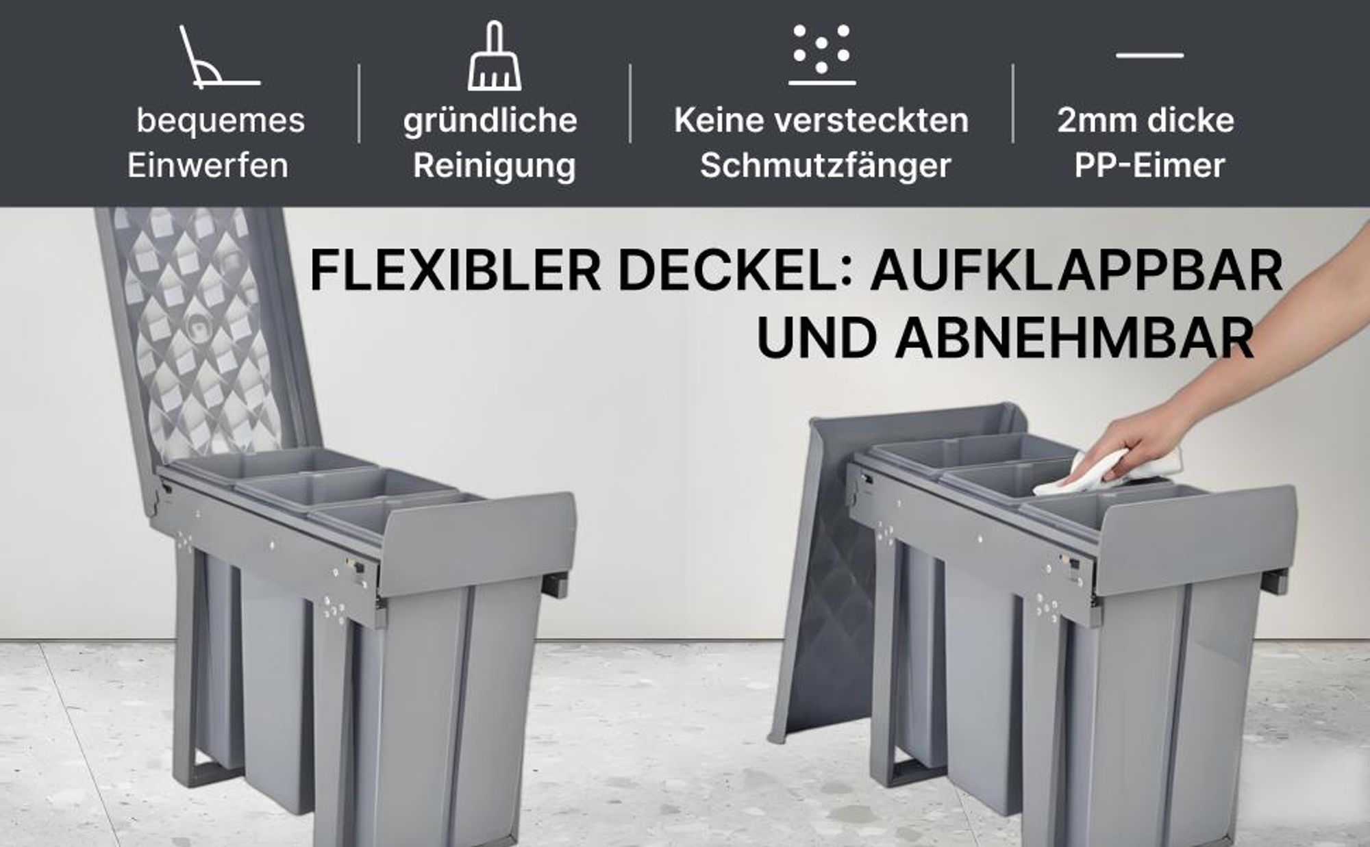 MinteLiv Einbaumülleimer 3x10L Mülltrennsystem Ausziehbar, Stahlrahmen, 48x26x42cm