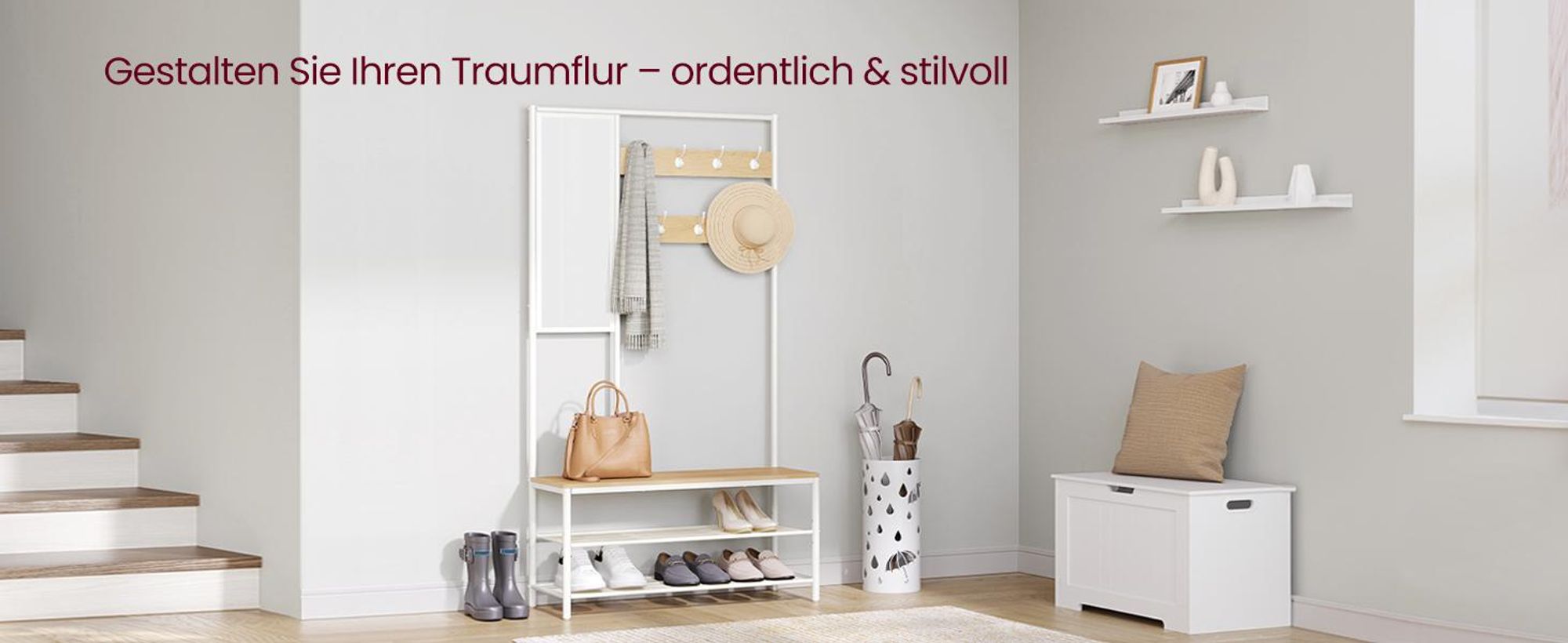 VASAGLE Kleiderständer, Garderobe, Garderobenständer mit Haken, Spiegel, Sitzbank, 35 x 98 x 180 cm, für Eingangsbereich, Schlafzimmer, Wohnzimmer, Industrie-Design, Eichenfarben-Weiß HSR415W01