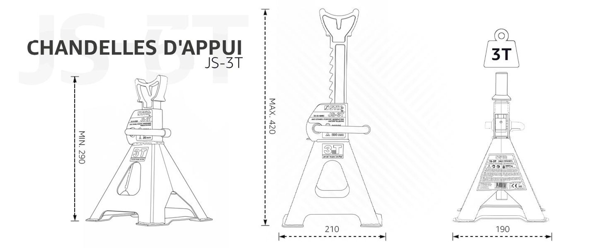 2 supports de levage de 3 tonnes pour voitures particulières et véhicules utilitaires légers – Réglables en hauteur, construction en acier robuste