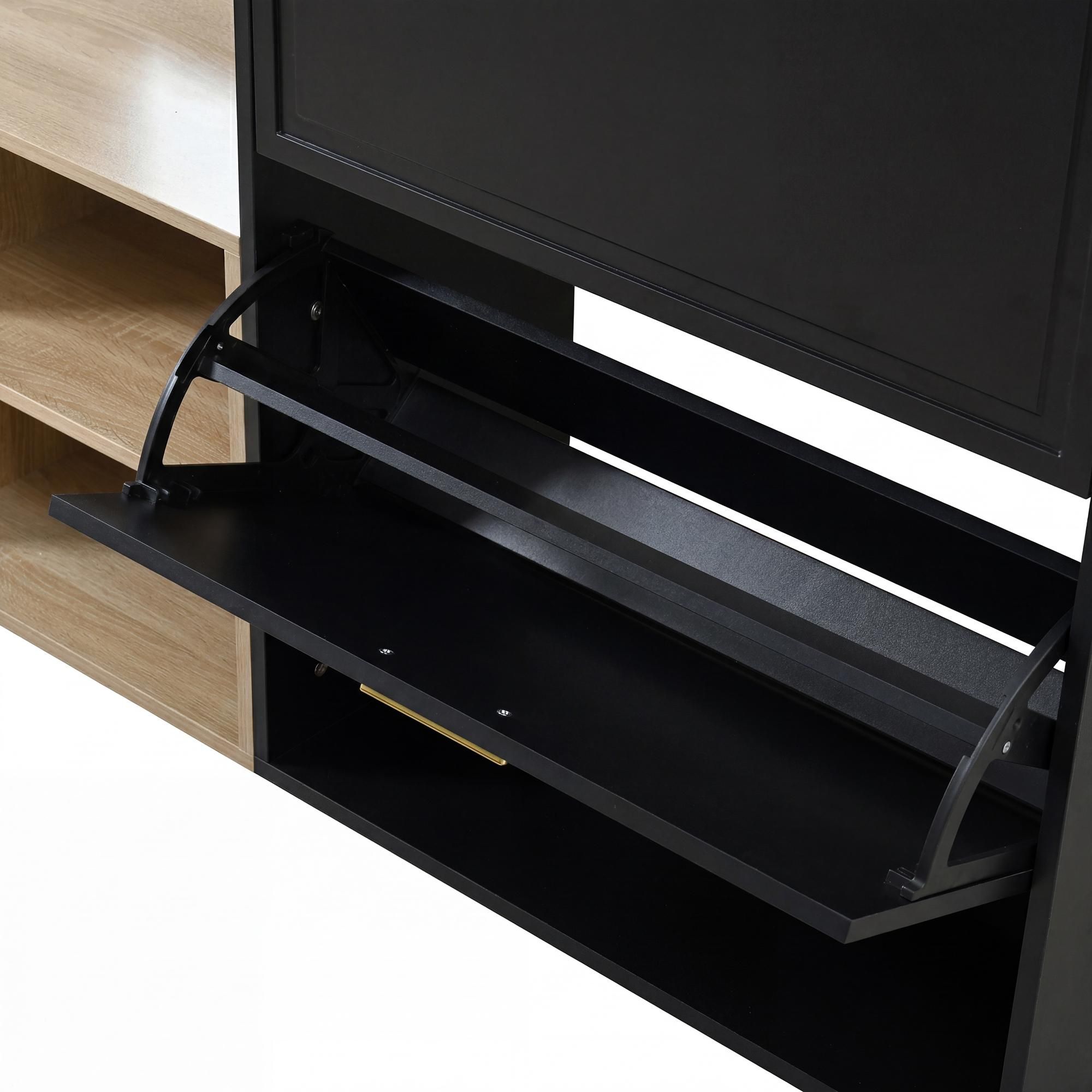 Merax Garderobenset, Garderobenständer Komplettset mit Schuhschrank, Sitzbank, Wandgarderobe, Spiegel, Regal, Flur Möbel Stauraum, Schwarz+Natur