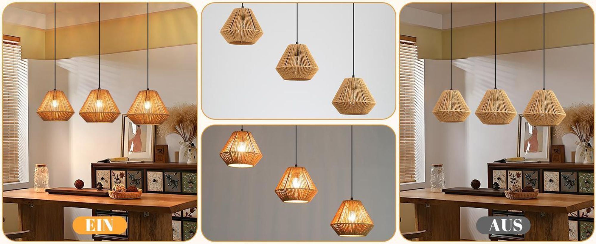 ZMH Lampe à suspendre Boho Lampe à suspendre en rotin Suspension réglable en hauteur Lampe à suspendre salle à manger 3 flammes Lampe de table design rétro avec douille E27