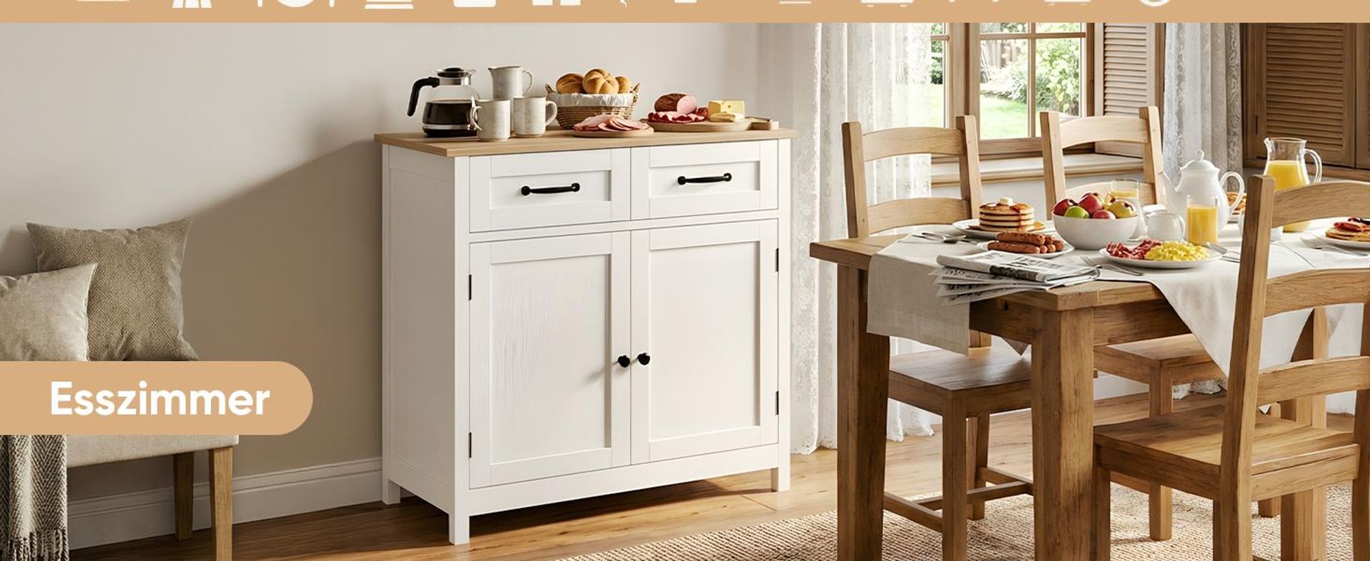 HOKEEPER Küchenschrank, Sideboard Wohnzimmer, Kommode mit 2 Schubladen und 2 Türen, Küchenbuffet mit Arbeitsplatten, Braun