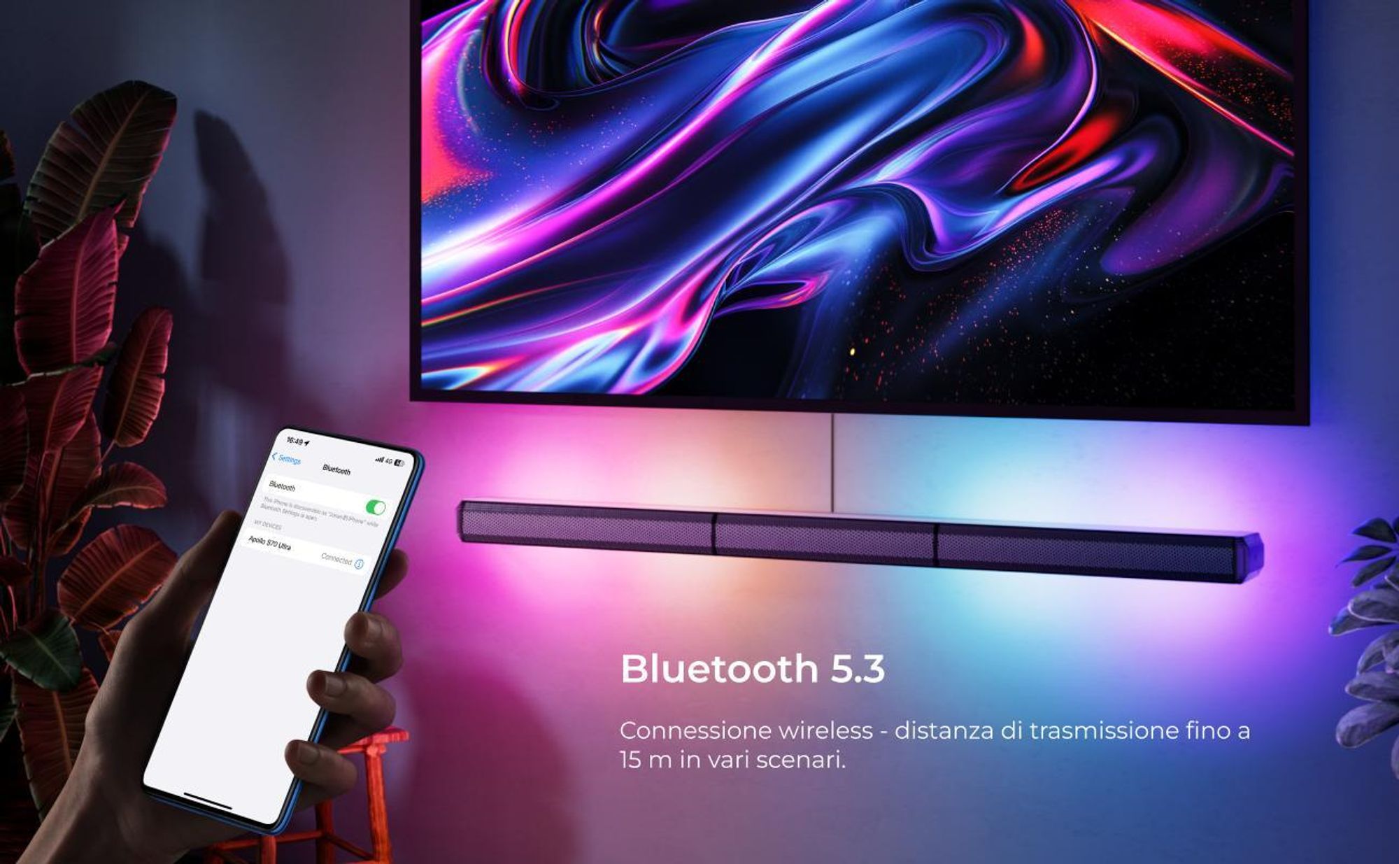 ULTIMEA Soundbar staccabile a 7,1 canali con luce RGB, sistema audio surround virtuale con subwoofer, 2 diffusori surround, 410 W