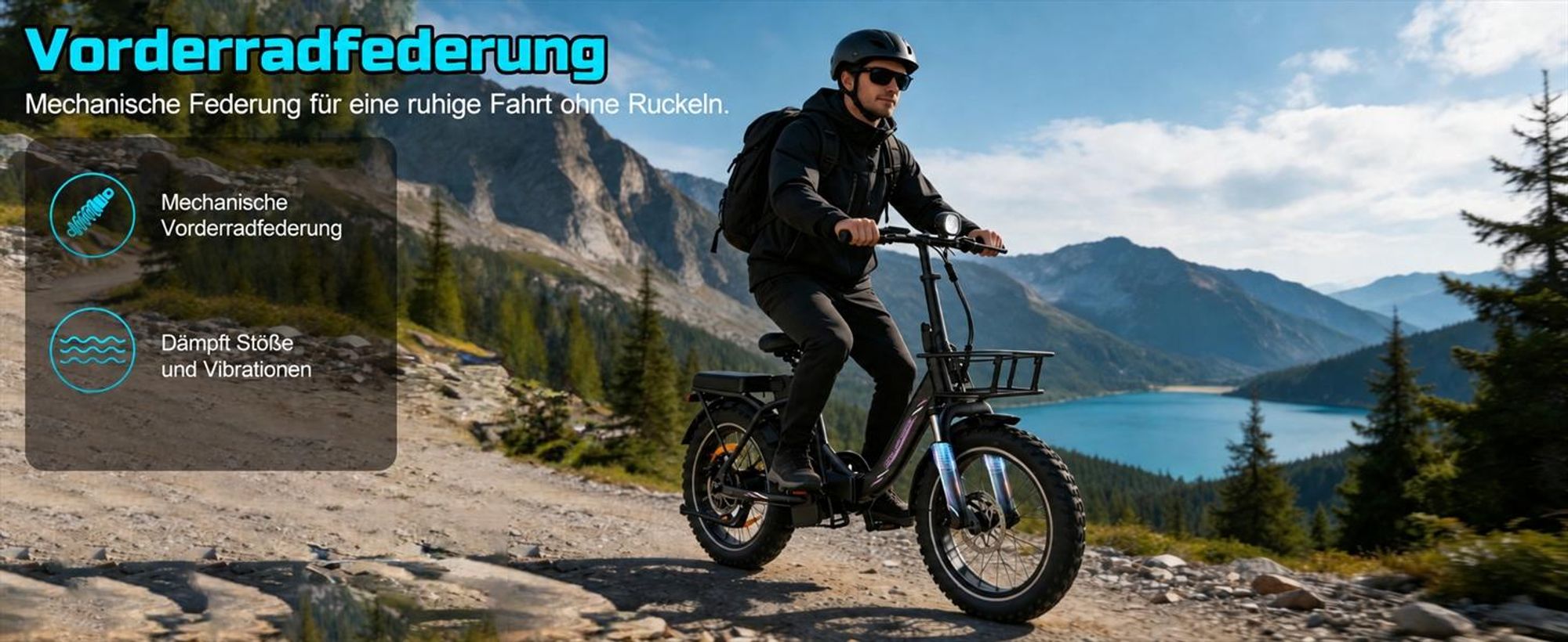 Runetic Ebike, Foldable e-bikes, 250W Motor, 36V 13Ah herausnehmbarer Akku, bis zu 80 km Reichweite, 25 km/h, 20" x 3,0" Breitreifen - Schwarz
