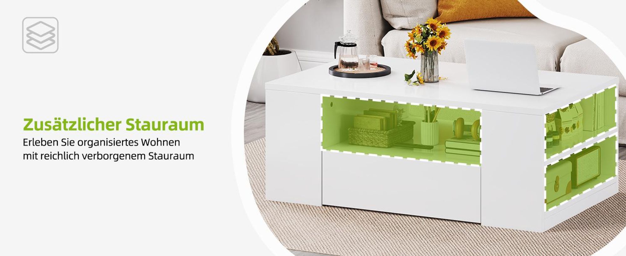 LED Couchtisch mit 2 Schubladen, Wohnzimmertisch Sofatisch, mit 16-Farben Beleuchtung, 95x55x37cm, Weiß