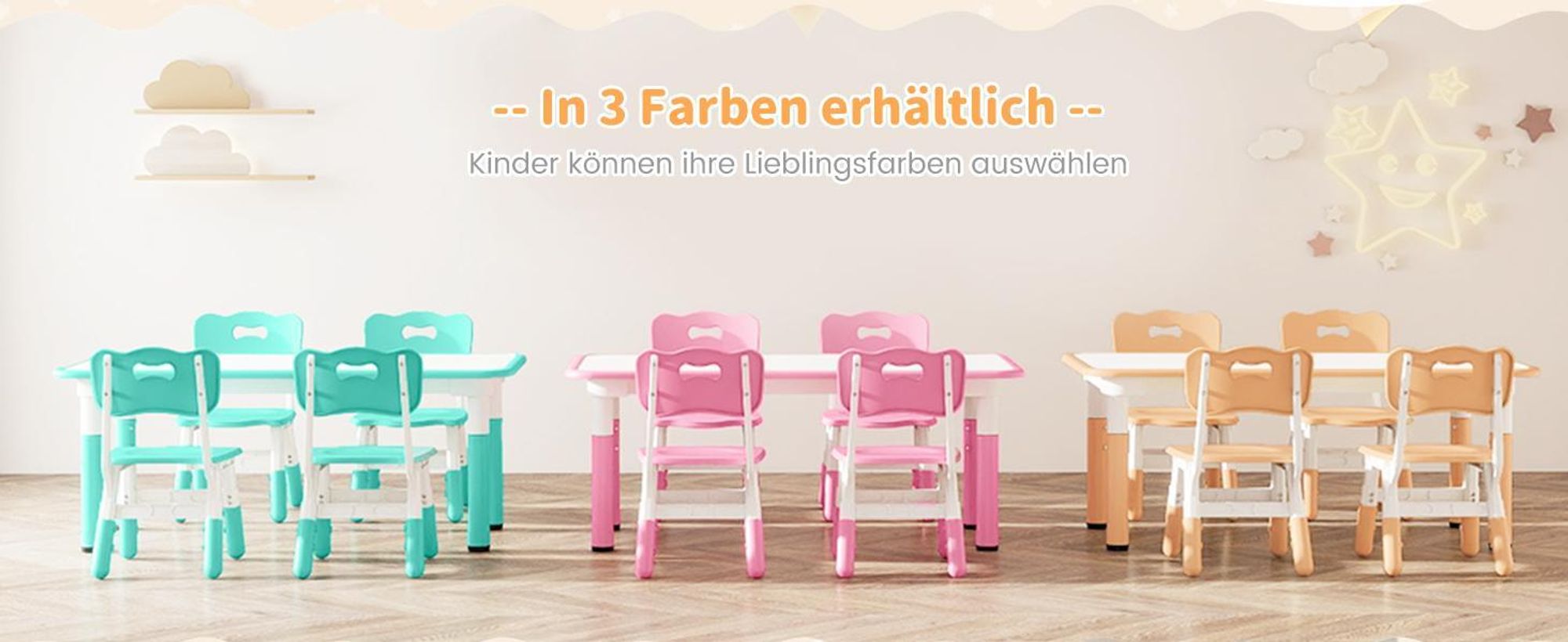 GOPLUS Kindertisch Set mit 4 Stühlen, Schreibtisch höhenverstellbar mit Graffiti-Tischfläche 120x60cm, Kindertischgruppe ab 18 Monate