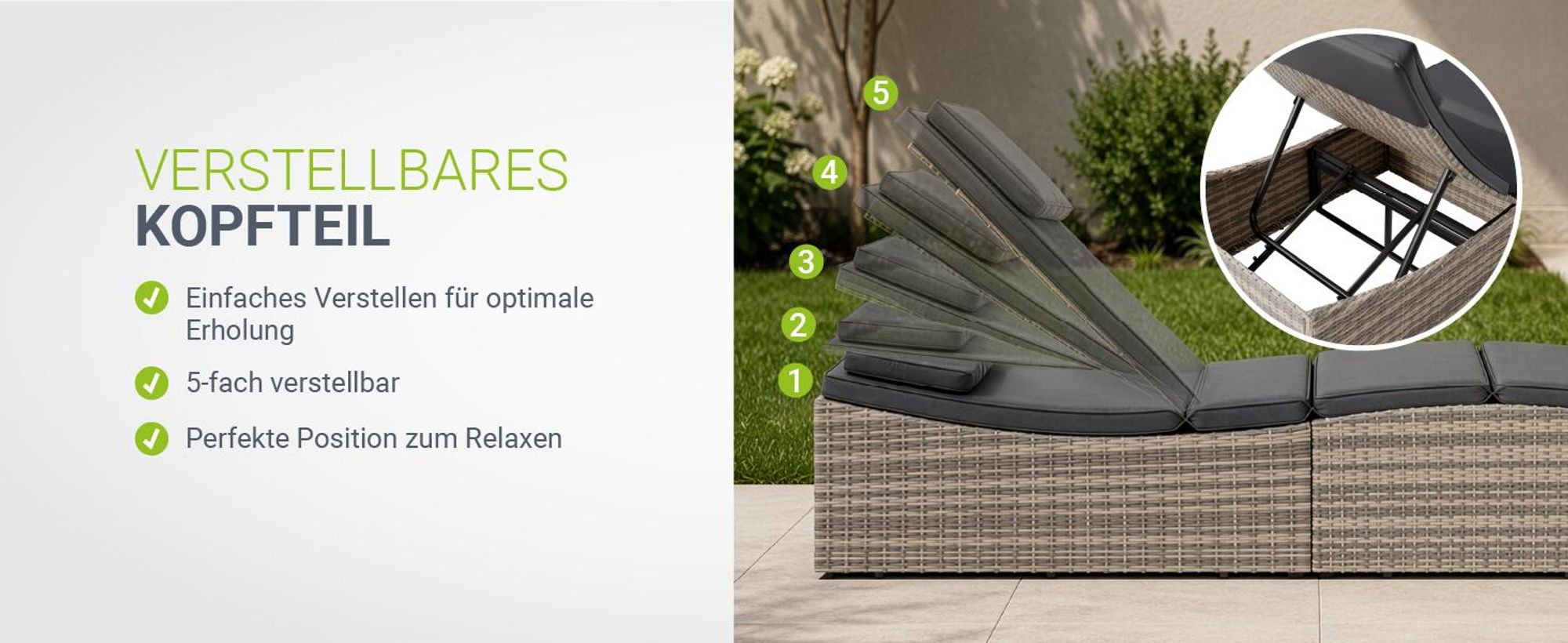 Juskys Sonnenliege Lamia klappbar - Polyrattan Gartenliege mit Auflage - Grau