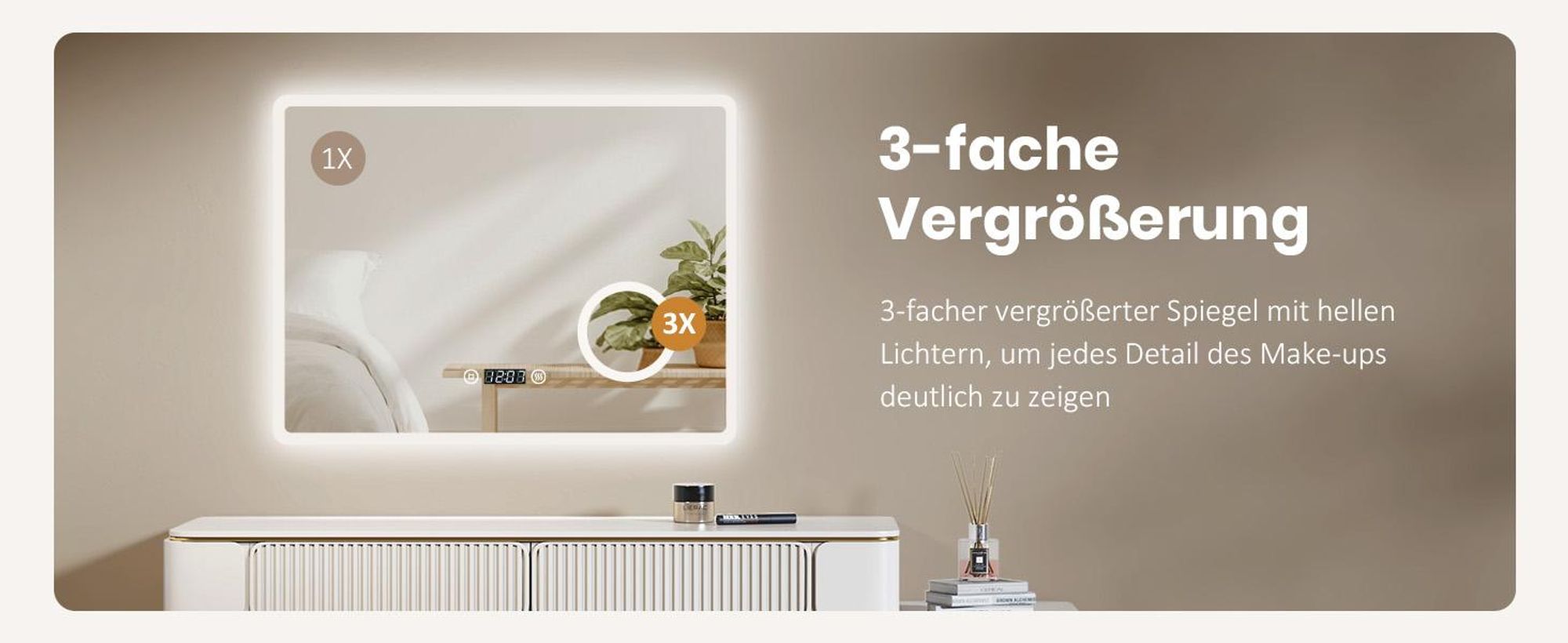 EMKE Badspiegel mit 3X Vergrößerung Touchschalter 3 Lichtfarben Dimmbar Antibeschlag Uhr 80X60cm
