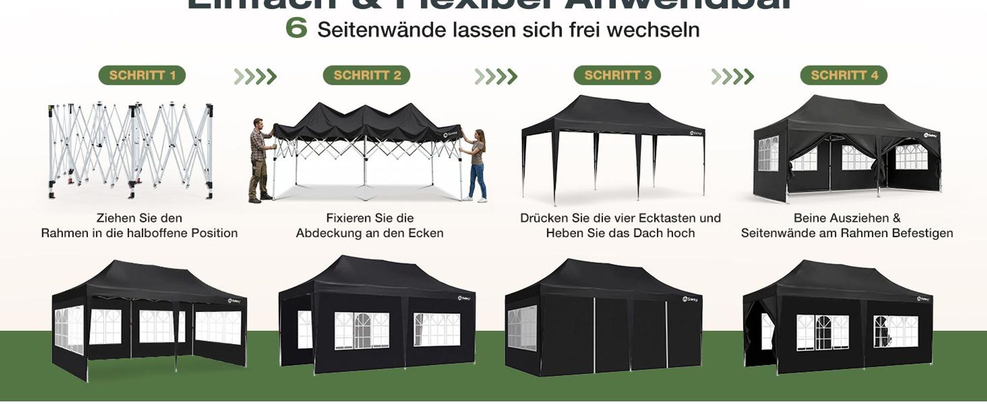 Sekey Faltpavillon 3x6 Wasserdicht mit 6 Seitenwänden, UV50+ Gartenpavillon Partyzelt, Schwarz