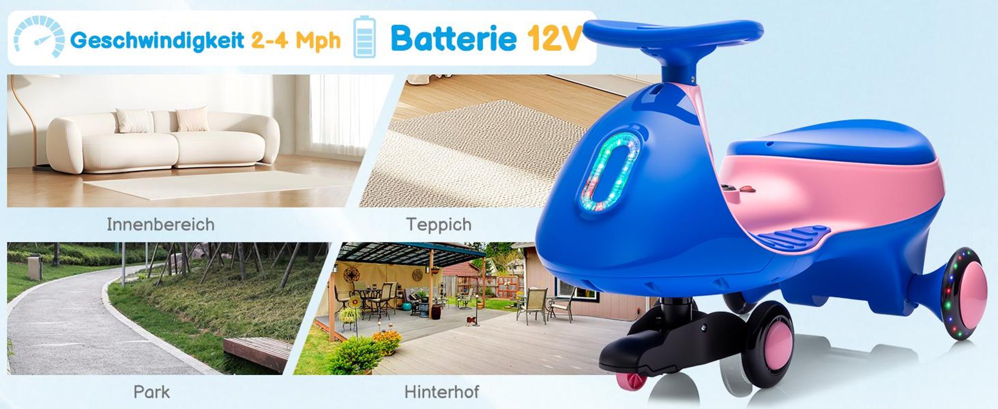 Kinder-Elektroauto 12V, Elektrisches Rutschauto mit Pedal, 2 Geschwindigkeiten und Kippschutz, Bluetooth, für Kinder ab 3 Jahren, Blau & Rosa