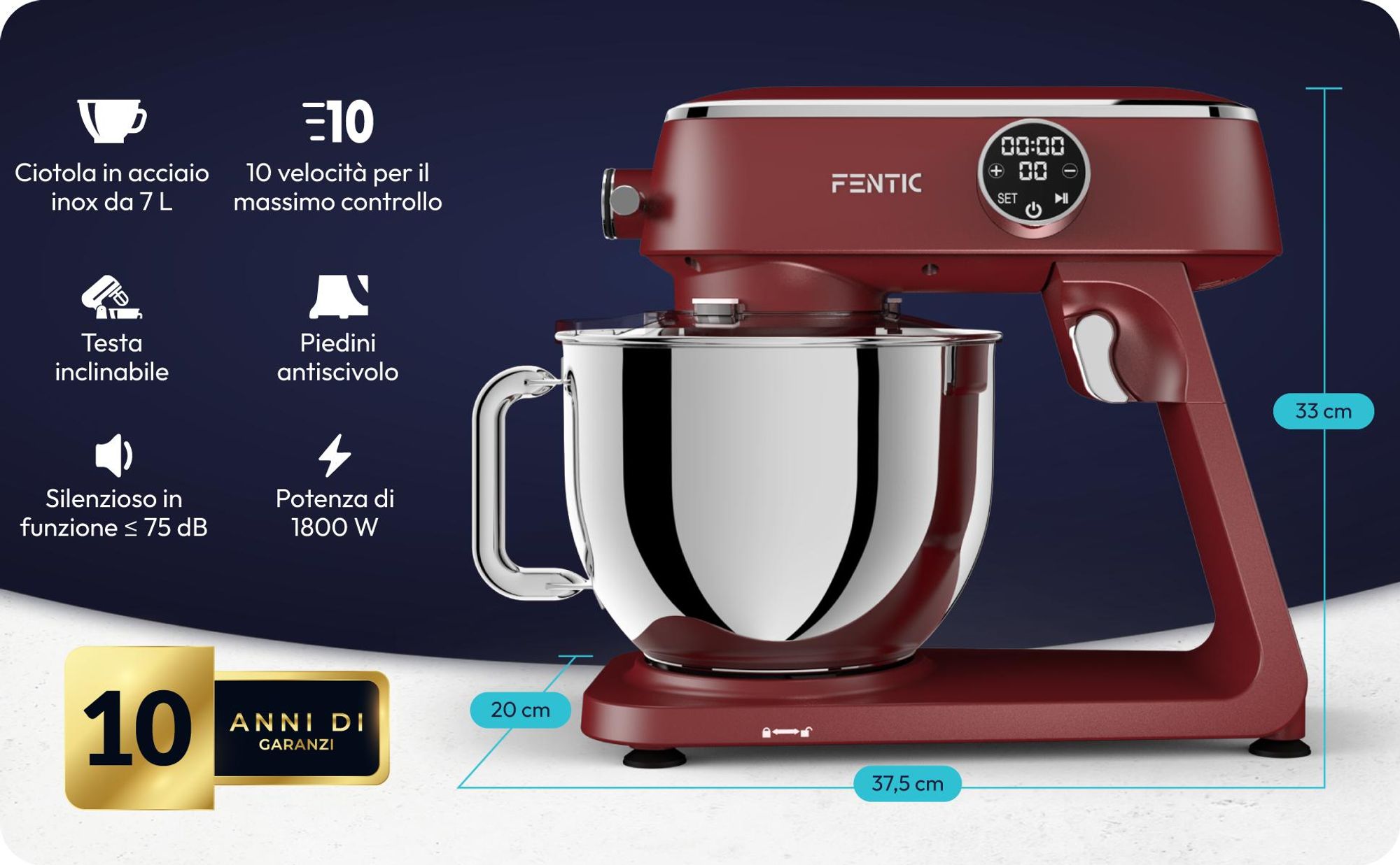 Fentic Impastatrice Planetaria 1800W, Ciotola Inox 7L, Robot da cucina per pane e pizza, 10 velocità con timer & Paraspruzzi