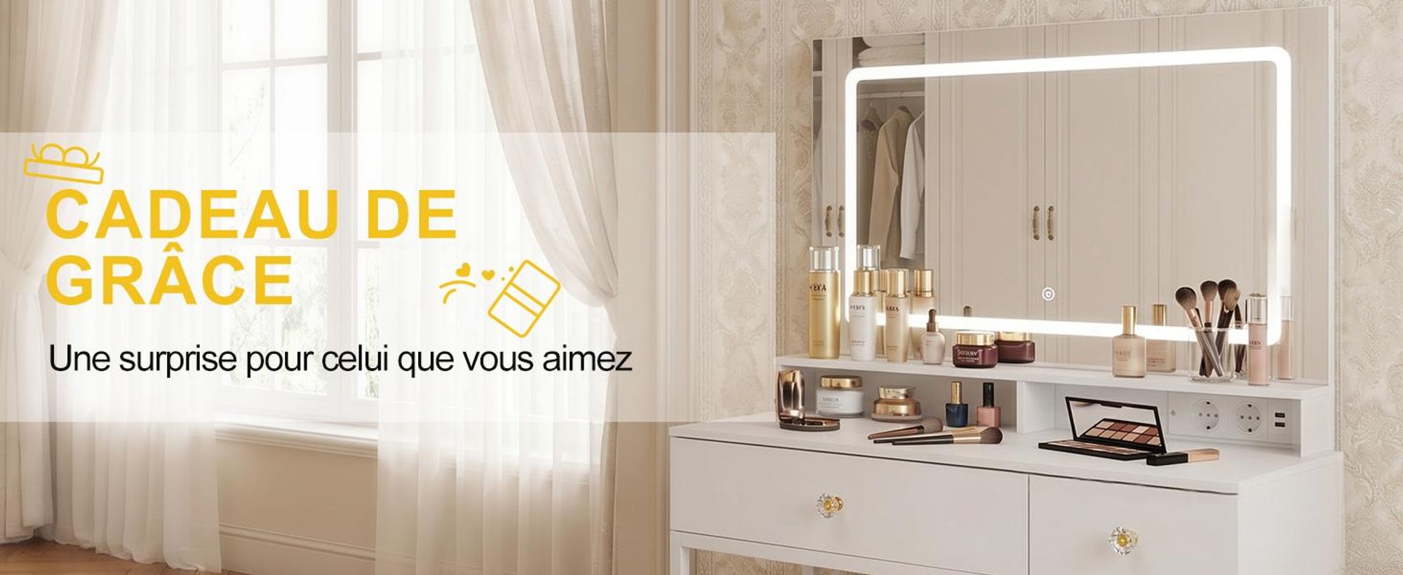 Coiffeuse avec Miroir et Tabouret avec Éclairage LED et Prise  3 Couleurs de Lumière Réglables, 2 Tiroirs, Panneau en Bois Composite, 80×40×140cm