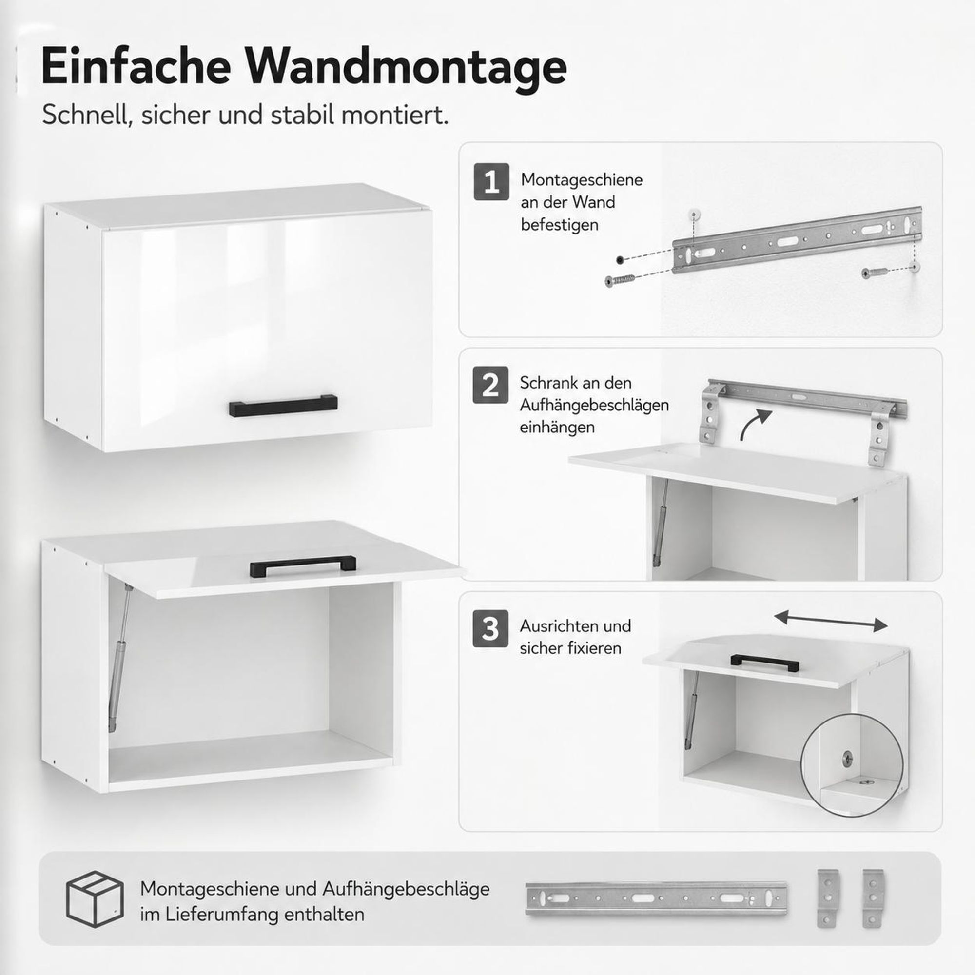 Klappenschrank 50 cm Weiß Hochglanz: Maße 50x32x30 cm, Korpus Weiß & schwarzer Griff.