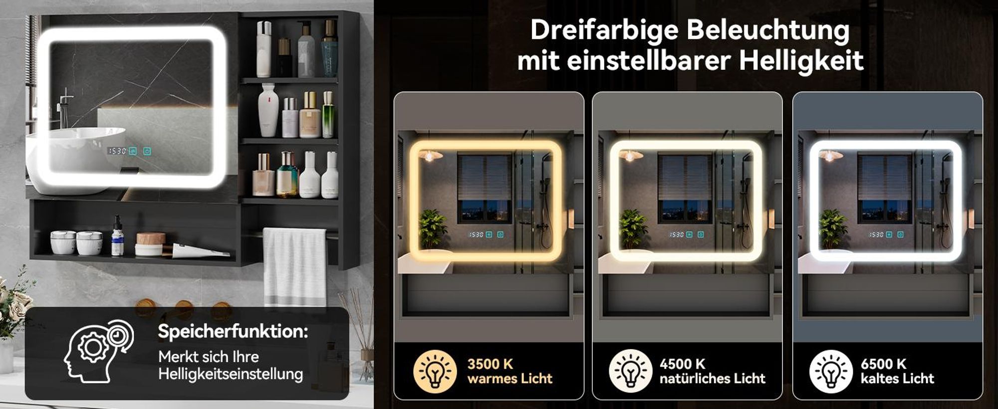 Puluomis Spiegelschrank Bad 80cm mit 3 färbiger dimmbarer Beleuchtung, Digitaler Uhr Handtuchhalter Antibeschlag Badezimmerschrank Wandschrank schwarz