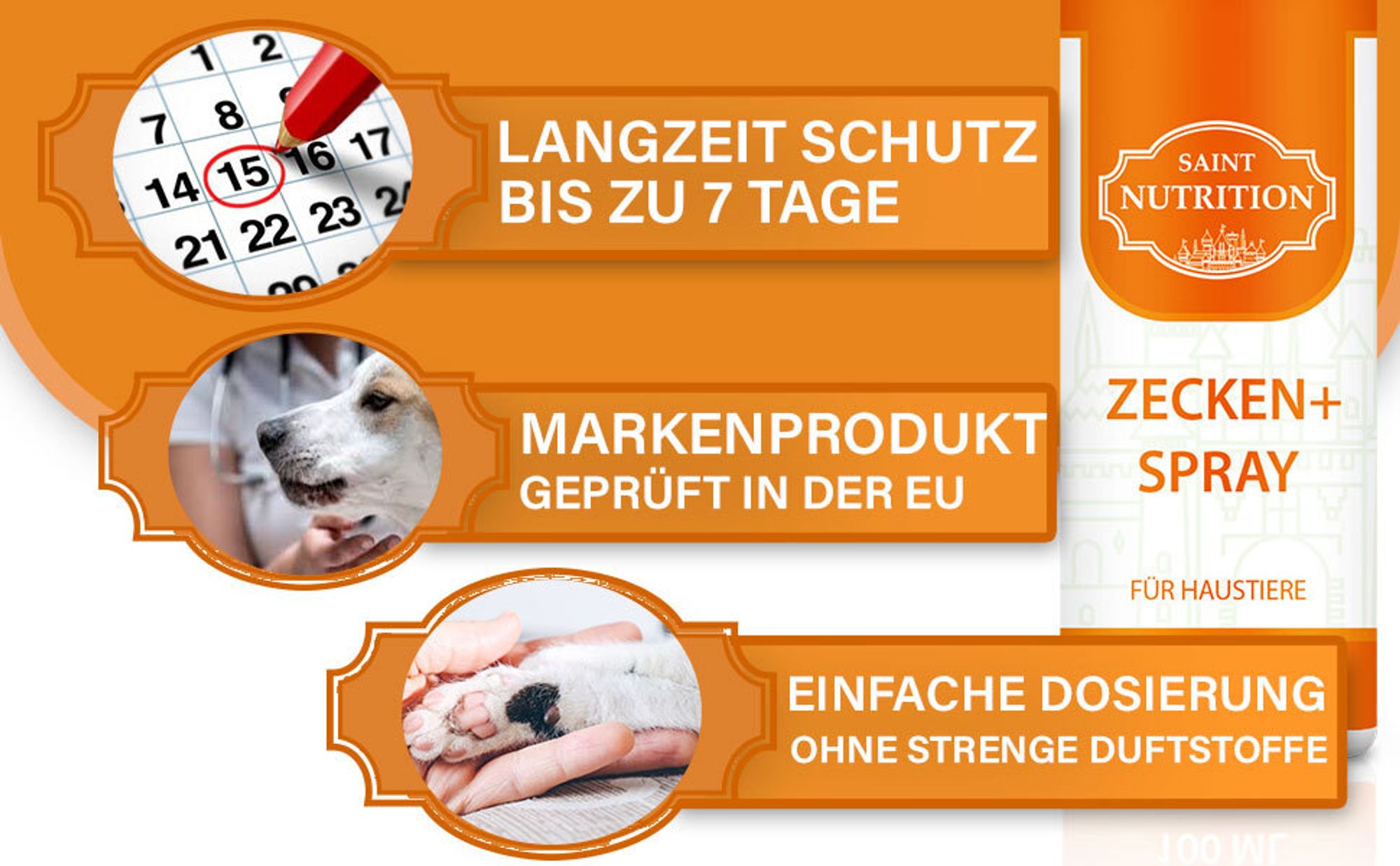 Saint Nutrition® Zecken+ Spray – zum Schutz vor Zeckenbefall – Abwеhr gegen Zecken - für Hunde und Katzen – Zeckenschutz Hund  – Schutz für Haustiere
