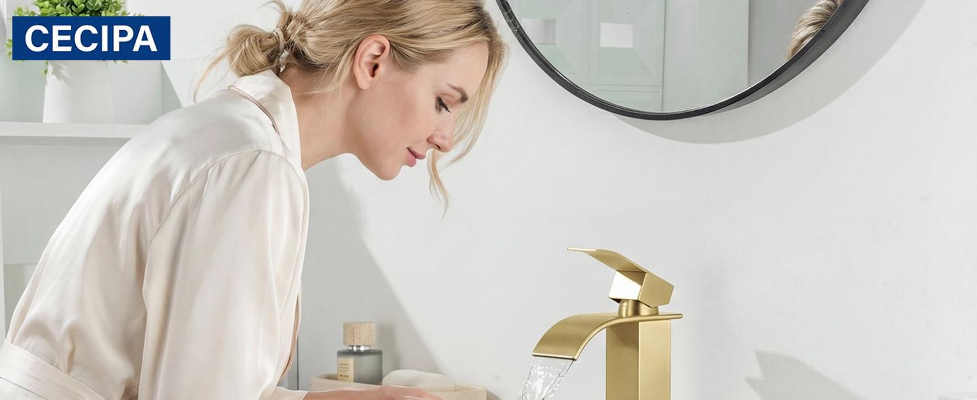 Wasserfall Waschtischarmatur, 304 Edelstahl Gebürstet Gold, Bleifrei Kalt Warm, Cecipa, Badarmatur Mischbatterie, Wasserhahn Bad, Waschbeckenarmatur