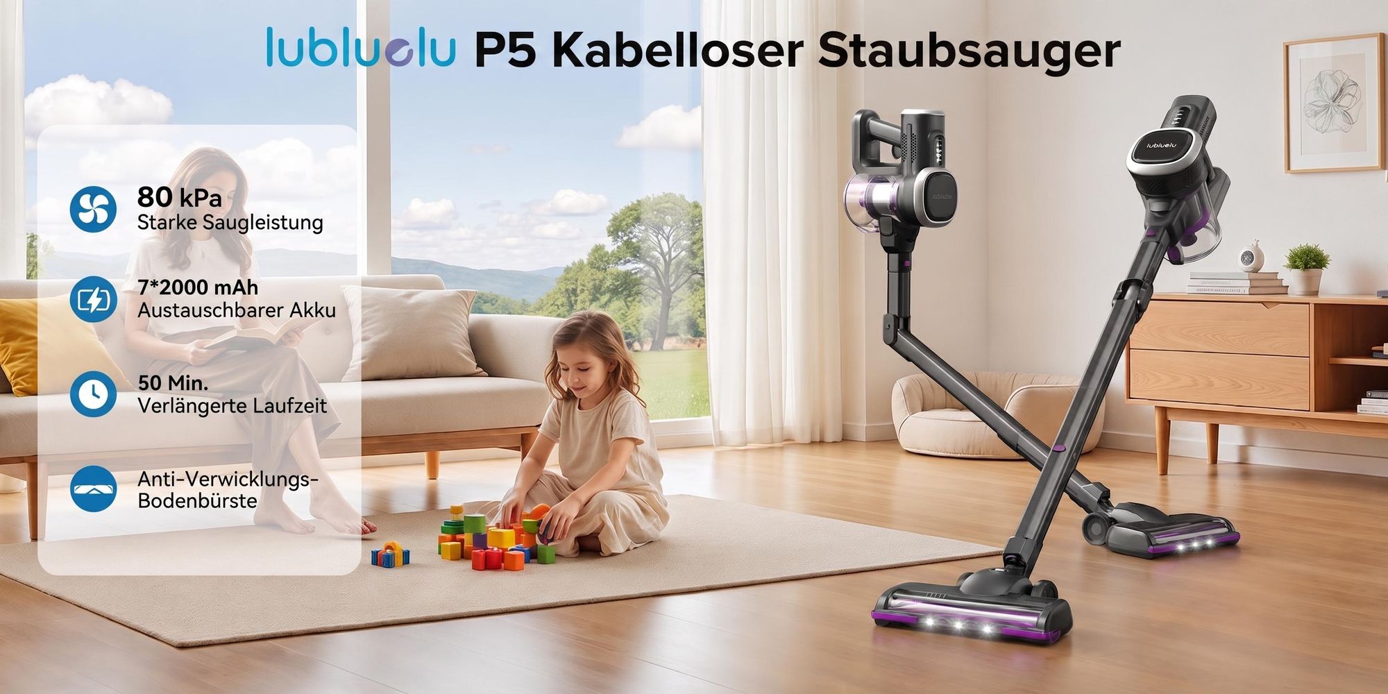 Lubluelu Akku-Staubsauger,80000PA/ 650W/50Min, Staubsauger Kabellos Mit Selbststehendes Design, Flexibles Biegegelenk, Anti-Tangle Bodenbürste,P5