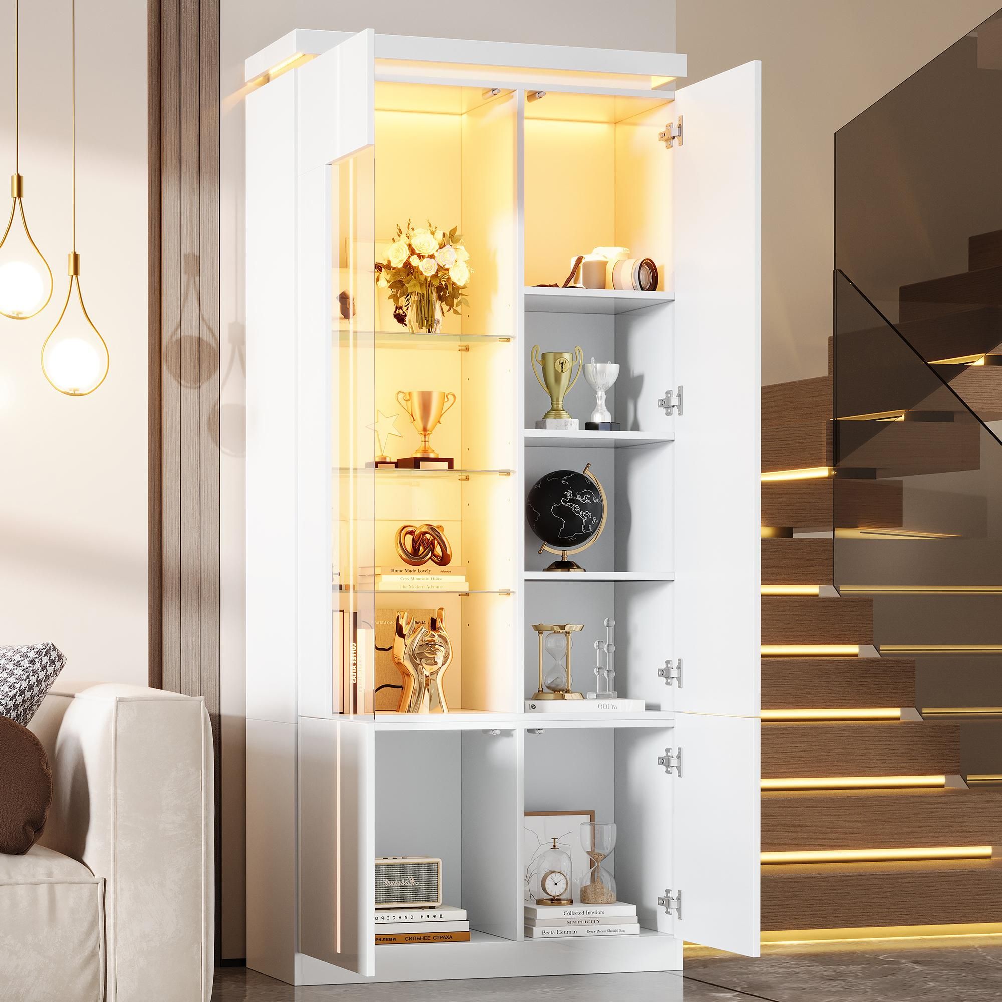 Merax Hochglanz Vitrine mit LED, Hochschrank mit 4 Türen und 6 Einlegeböden, Sammlervitrine mit Acrylglas-Tür, 10 Fächer, Sicherheitsglas, Weiß