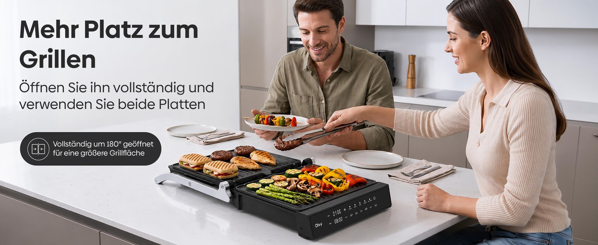 Olvy Kontaktgrill, 2000W, Elektrogrill Sandwichmaker, 5 Programme, Paninimaker, Grilltoaster indoor Grill, PFAS-freie Platten, Tisch Grill