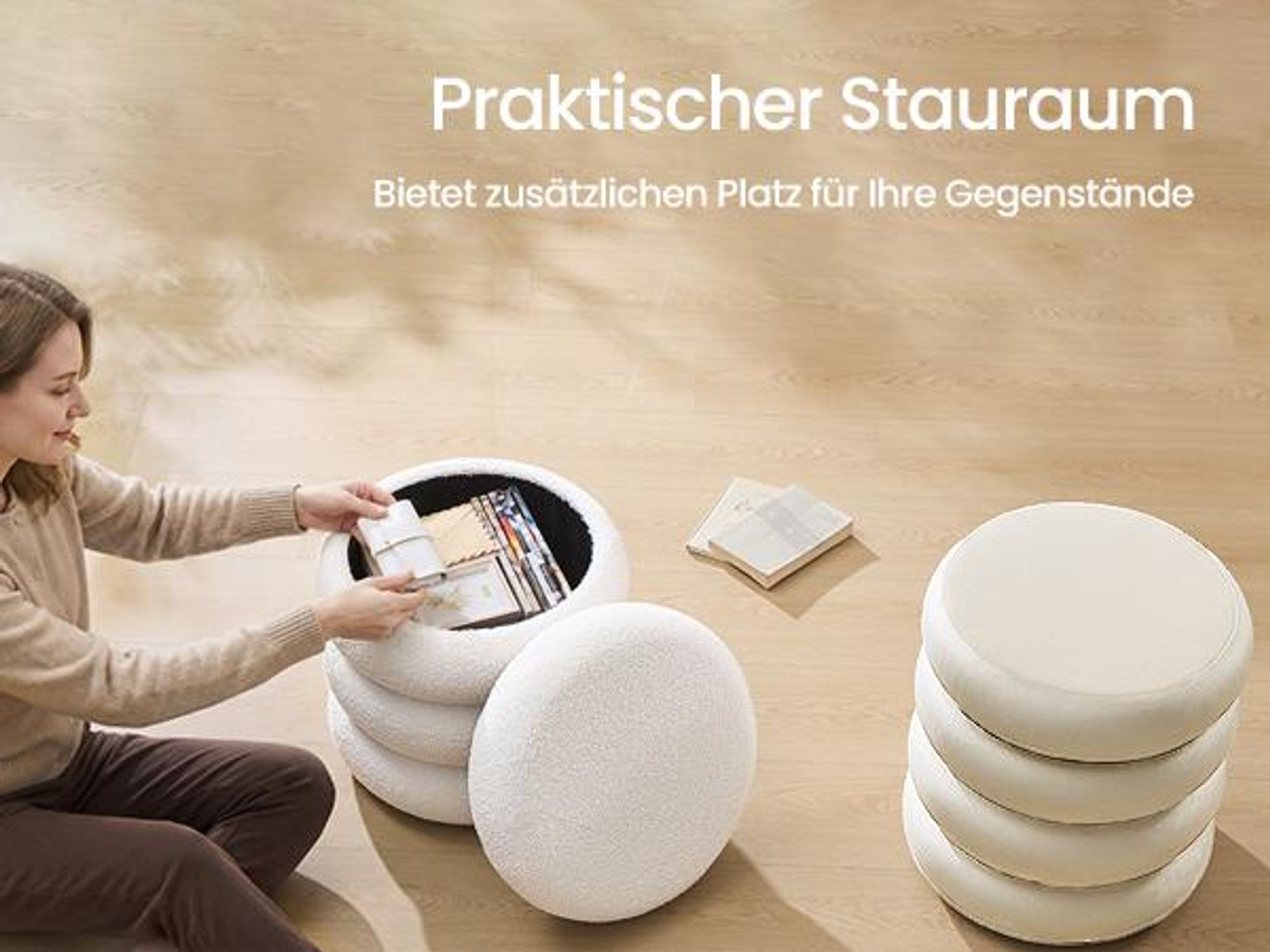 30 L Stauraum im Hocker: Decken und Zeitschriften schnell verstaut – für ein ordentliches Zuhause.