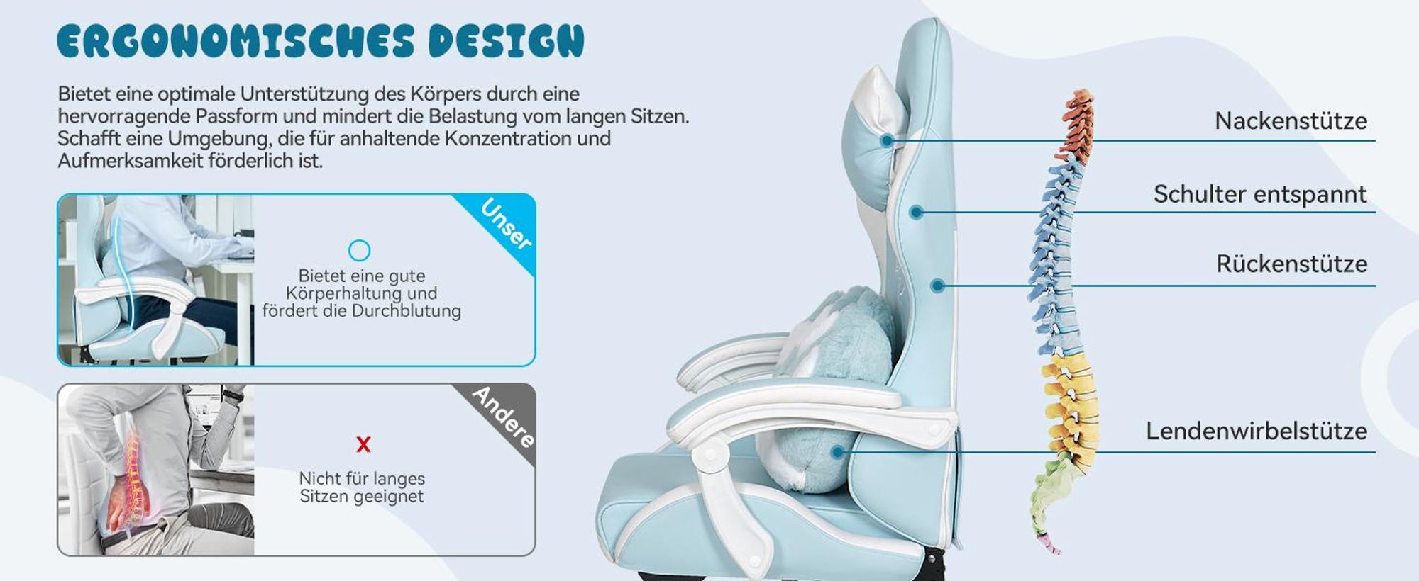 Puluomis Gaming Stuhl mit Fußstütze, Bürostuhl Chefsessel Schreibtischstuhl Racing Stuhl ergonomisch drehbar höhenverstellbar Katze Weiß Blau
